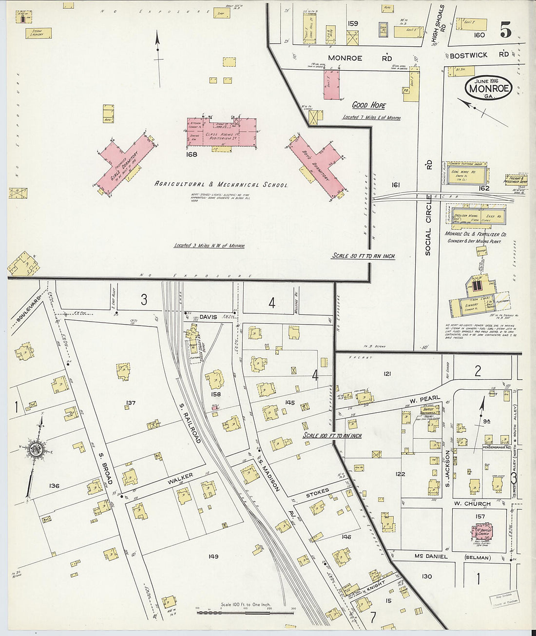 This old map of Monroe, Walton County, Georgia was created by Sanborn Map Company in 1916