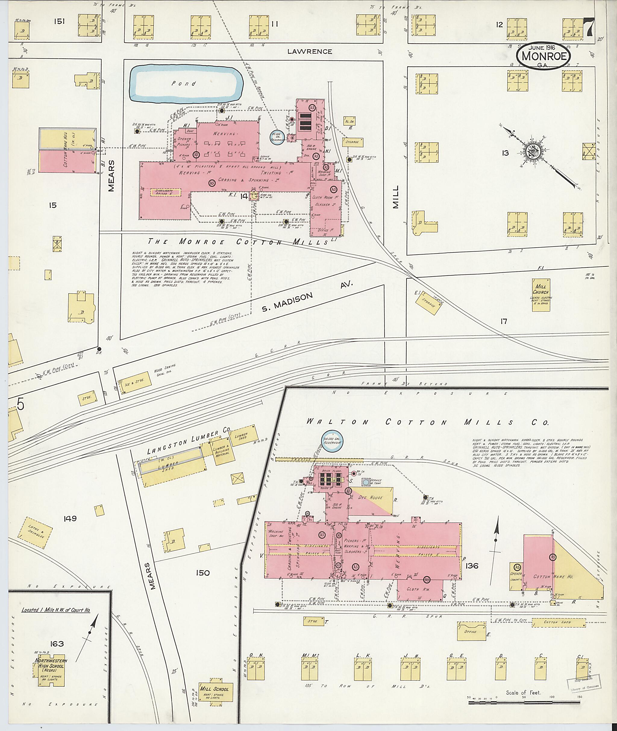 This old map of Monroe, Walton County, Georgia was created by Sanborn Map Company in 1916