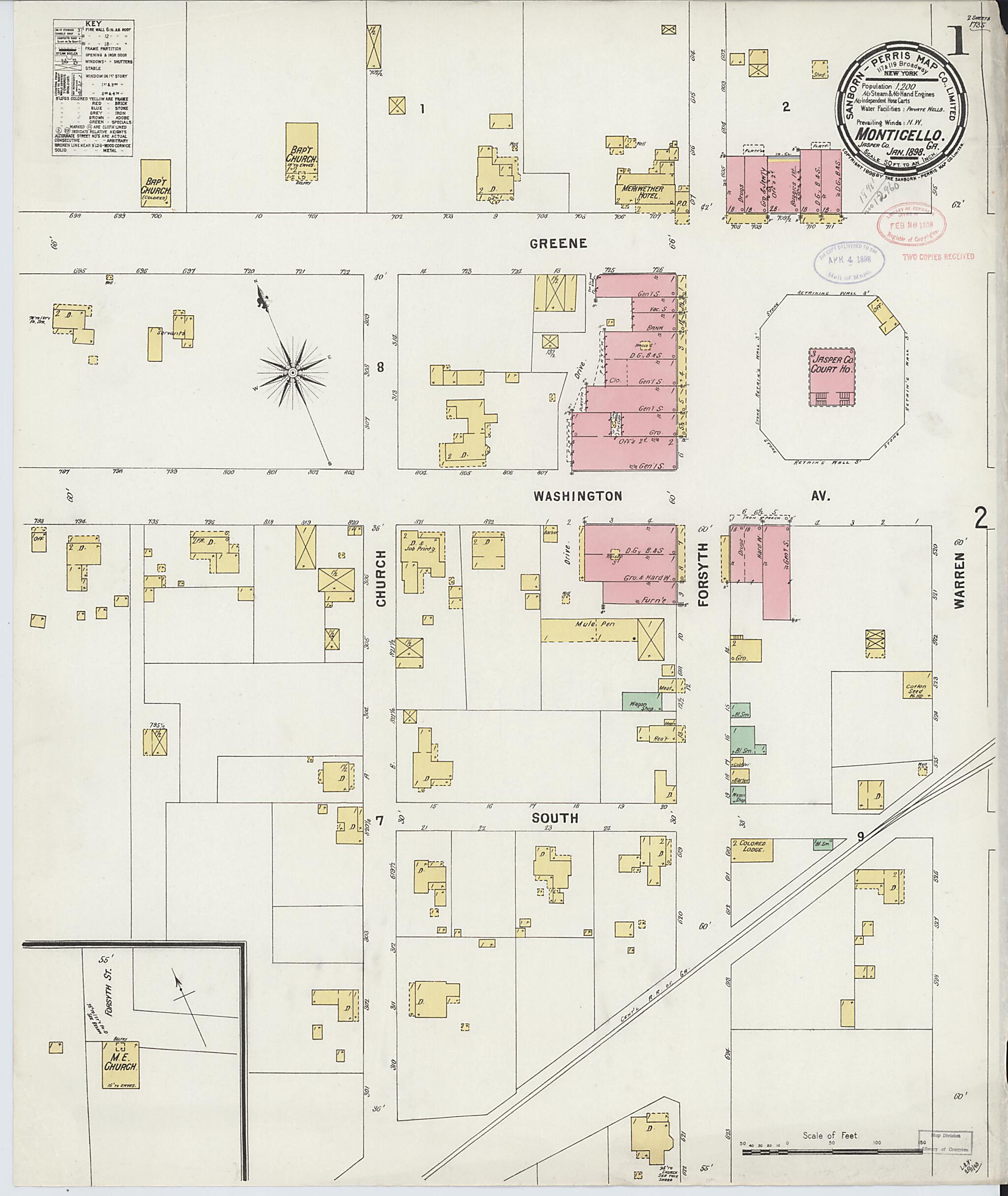 This old map of Monticello, Jasper County, Georgia was created by Sanborn Map Company in 1898