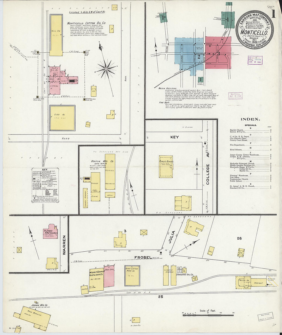 This old map of Monticello, Jasper County, Georgia was created by Sanborn Map Company in 1909