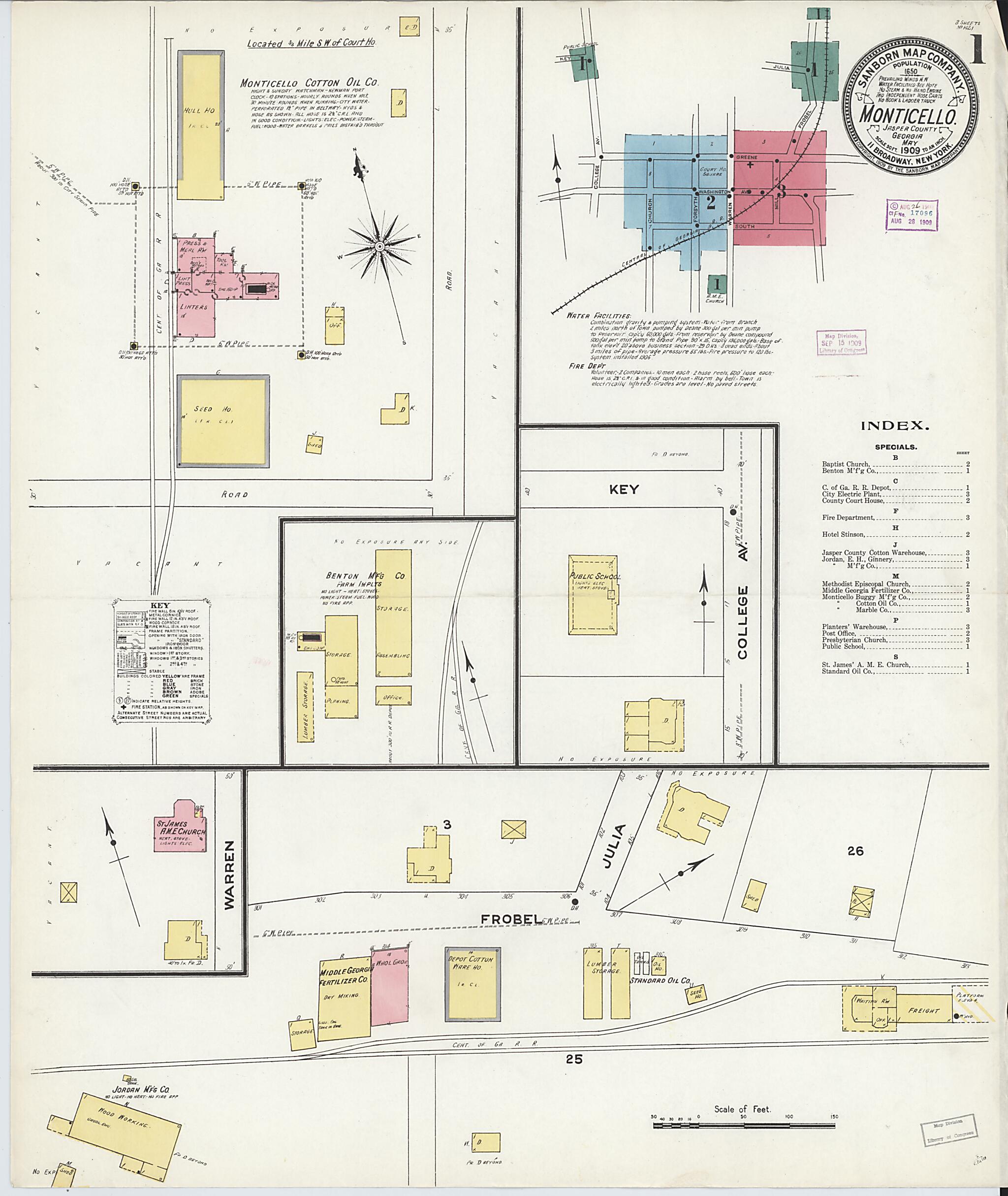 This old map of Monticello, Jasper County, Georgia was created by Sanborn Map Company in 1909