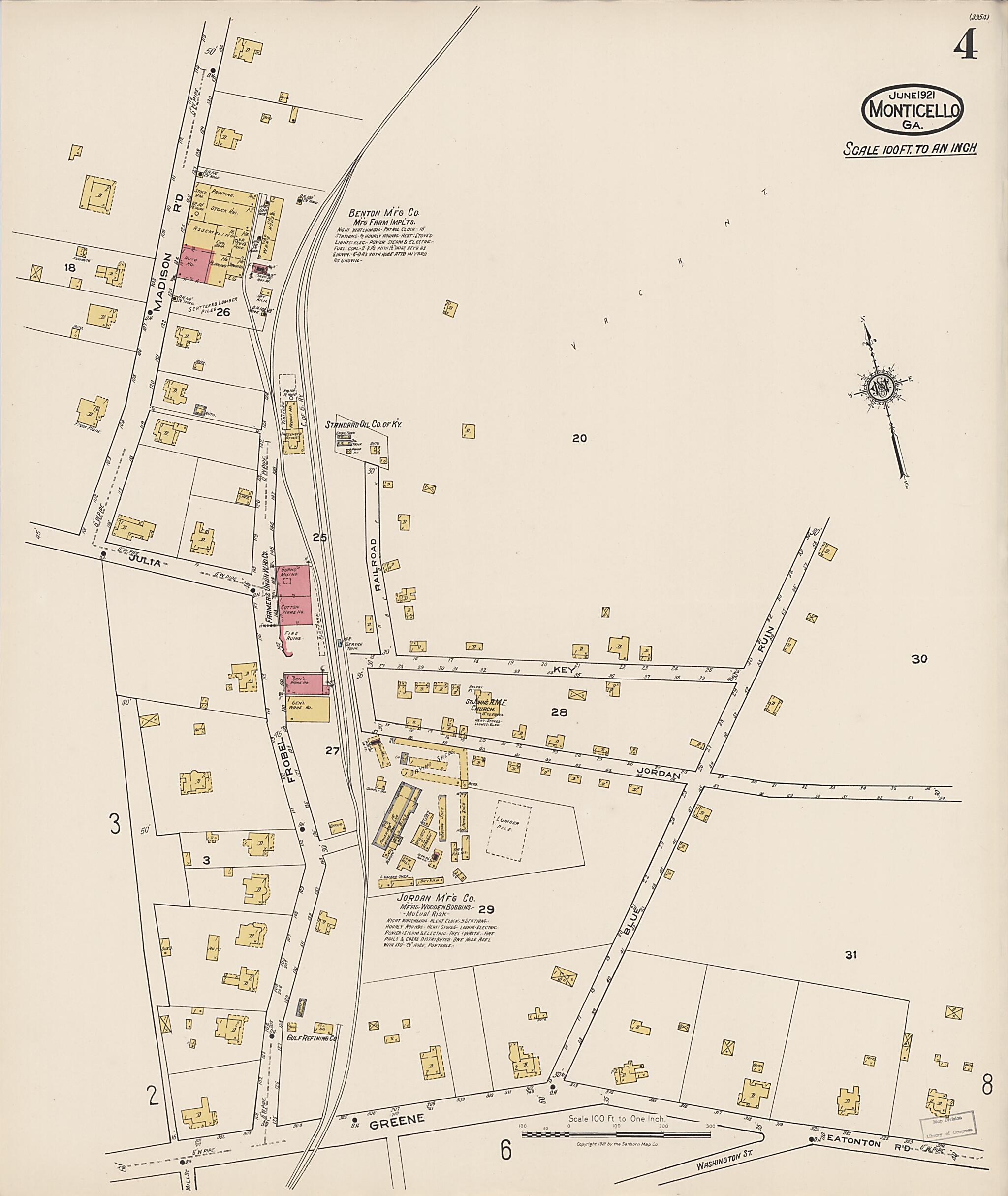 This old map of Monticello, Jasper County, Georgia was created by Sanborn Map Company in 1921
