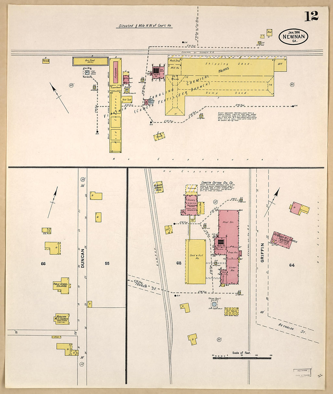 This old map of Newnan, Coweta County, Georgia was created by Sanborn Map Company in 1906