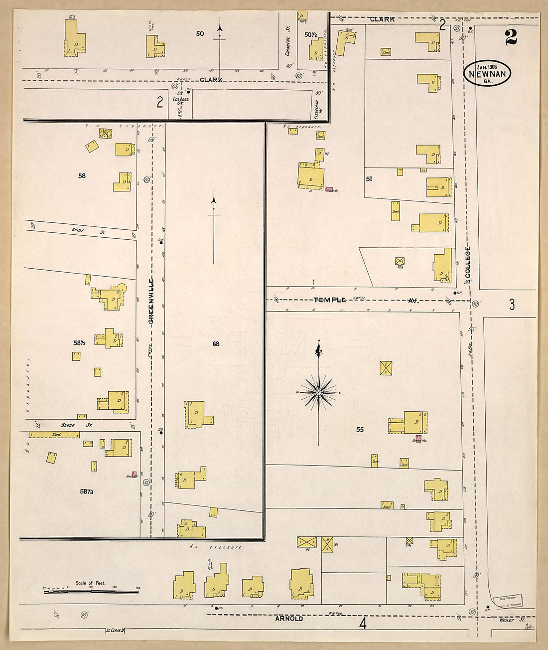 This old map of Newnan, Coweta County, Georgia was created by Sanborn Map Company in 1906