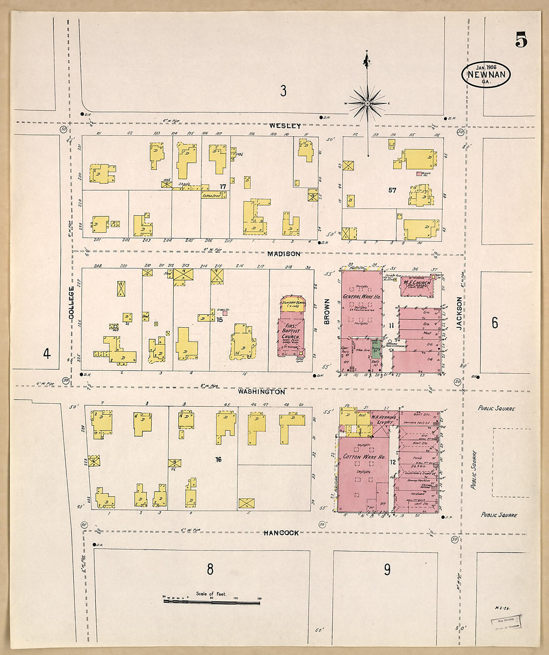 This old map of Newnan, Coweta County, Georgia was created by Sanborn Map Company in 1906