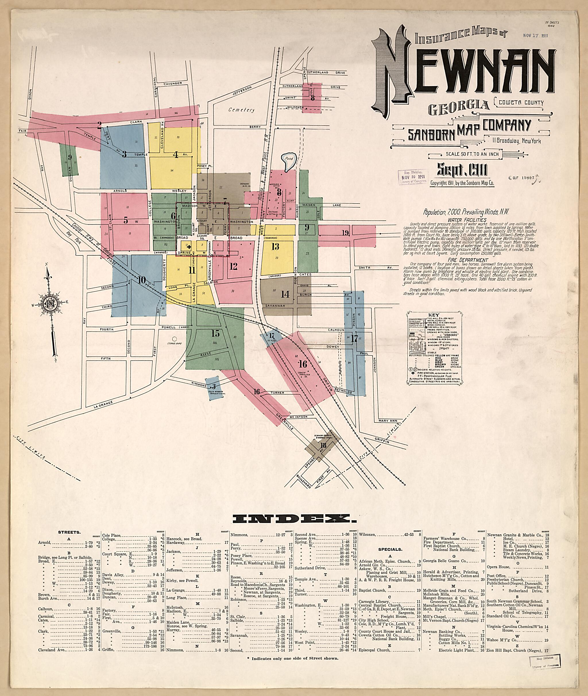 This old map of Newnan, Coweta County, Georgia was created by Sanborn Map Company in 1911