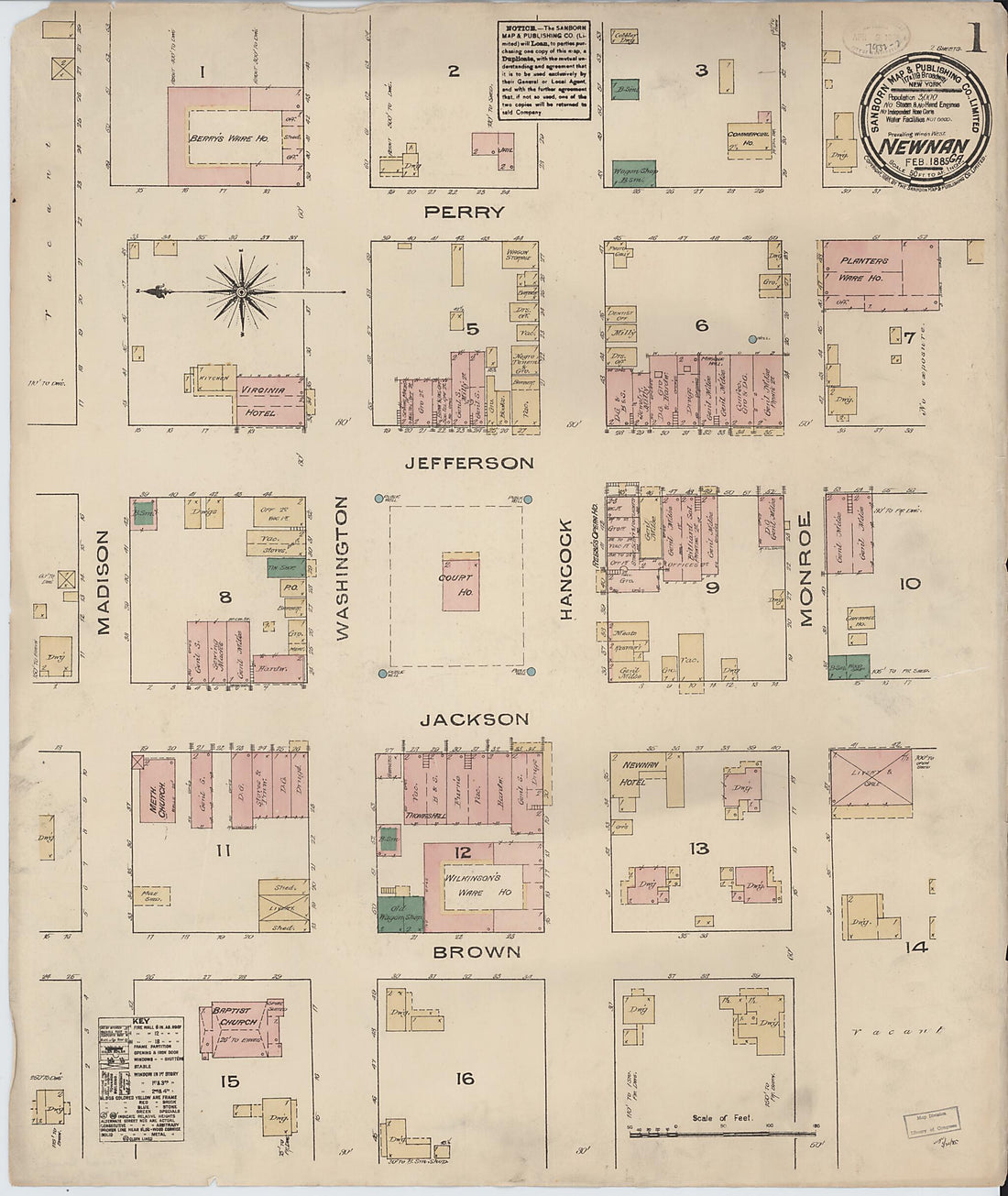 This old map of Newnan, Coweta County, Georgia was created by Sanborn Map Company in 1885