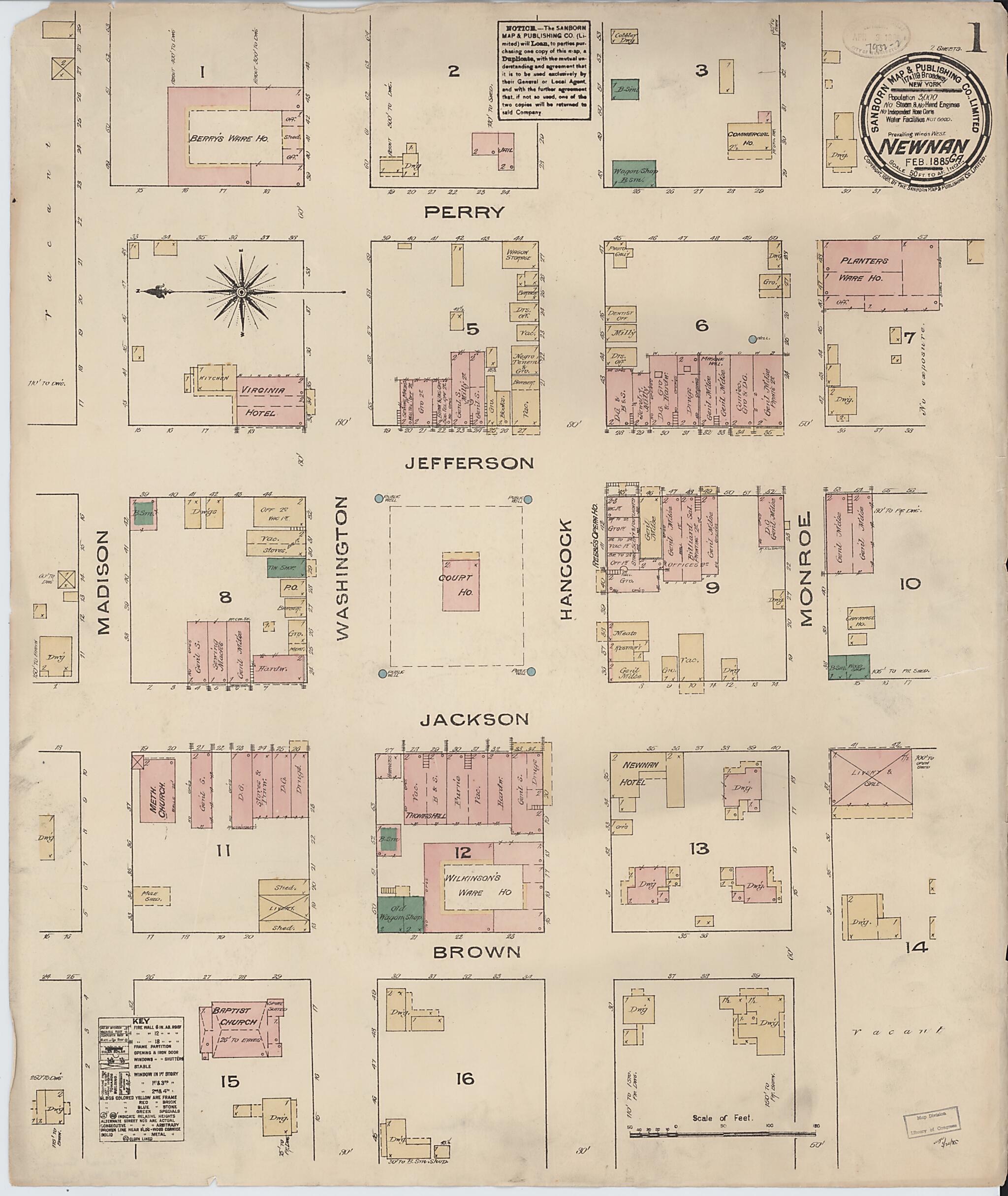 This old map of Newnan, Coweta County, Georgia was created by Sanborn Map Company in 1885