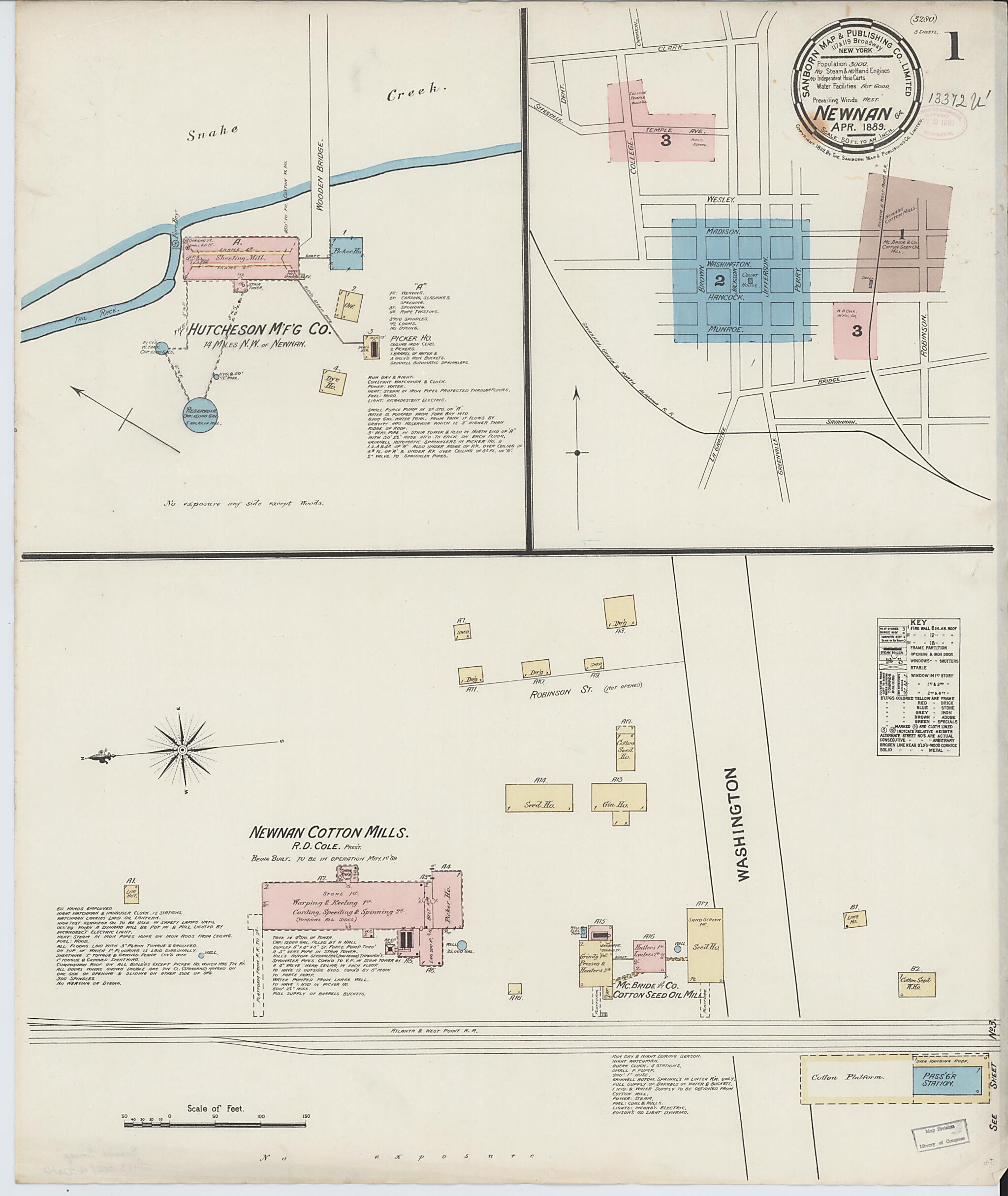 This old map of Newnan, Coweta County, Georgia was created by Sanborn Map Company in 1889