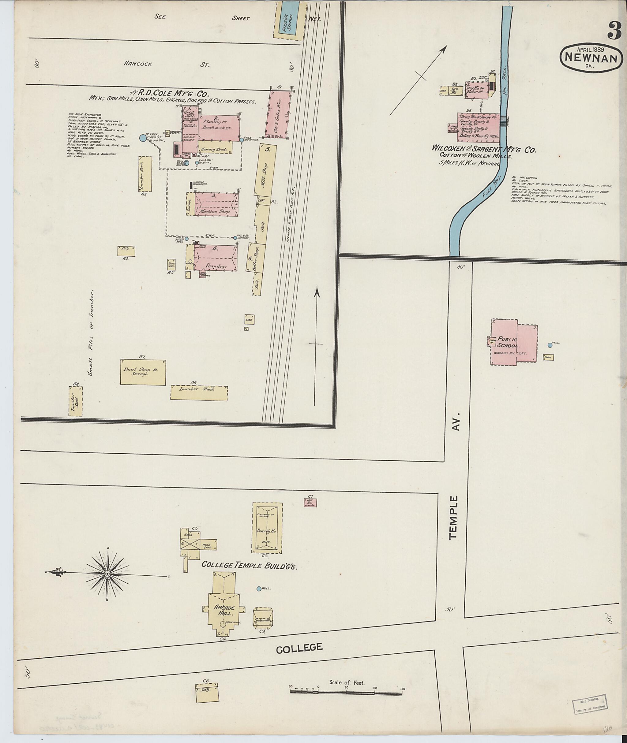 This old map of Newnan, Coweta County, Georgia was created by Sanborn Map Company in 1889