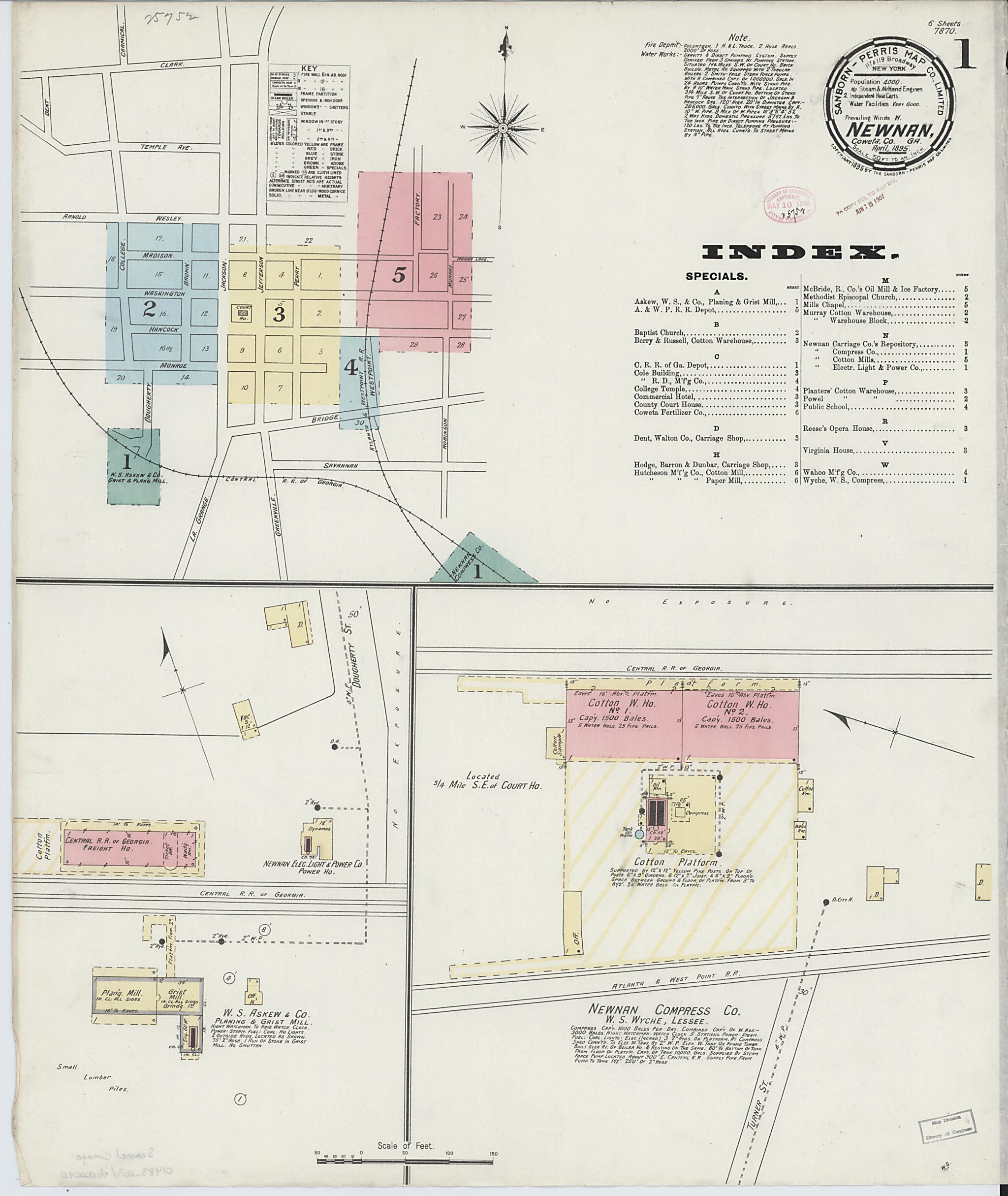 This old map of Newnan, Coweta County, Georgia was created by Sanborn Map Company in 1895