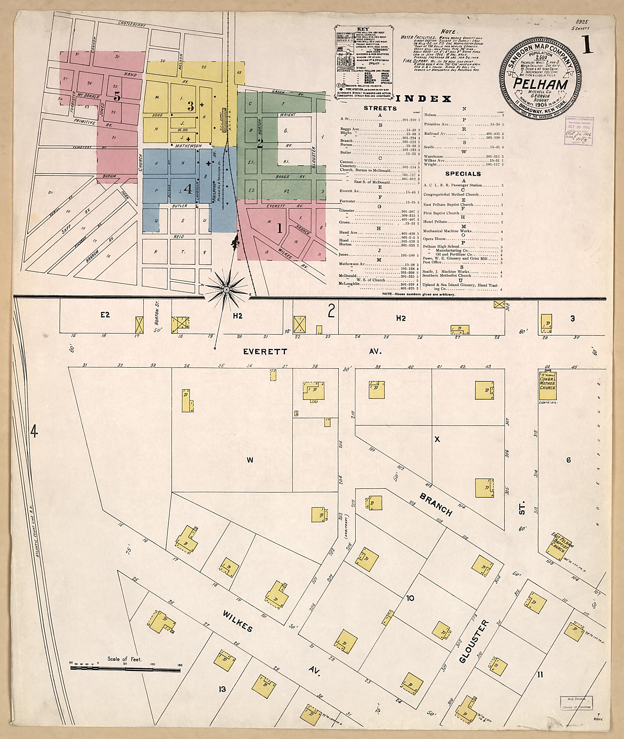 This old map of Pelham, Mitchell County, Georgia was created by Sanborn Map Company in 1906