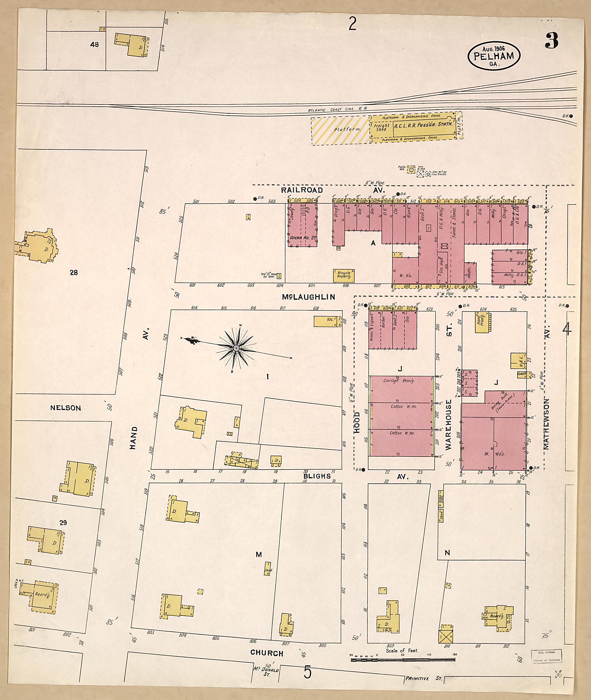 This old map of Pelham, Mitchell County, Georgia was created by Sanborn Map Company in 1906