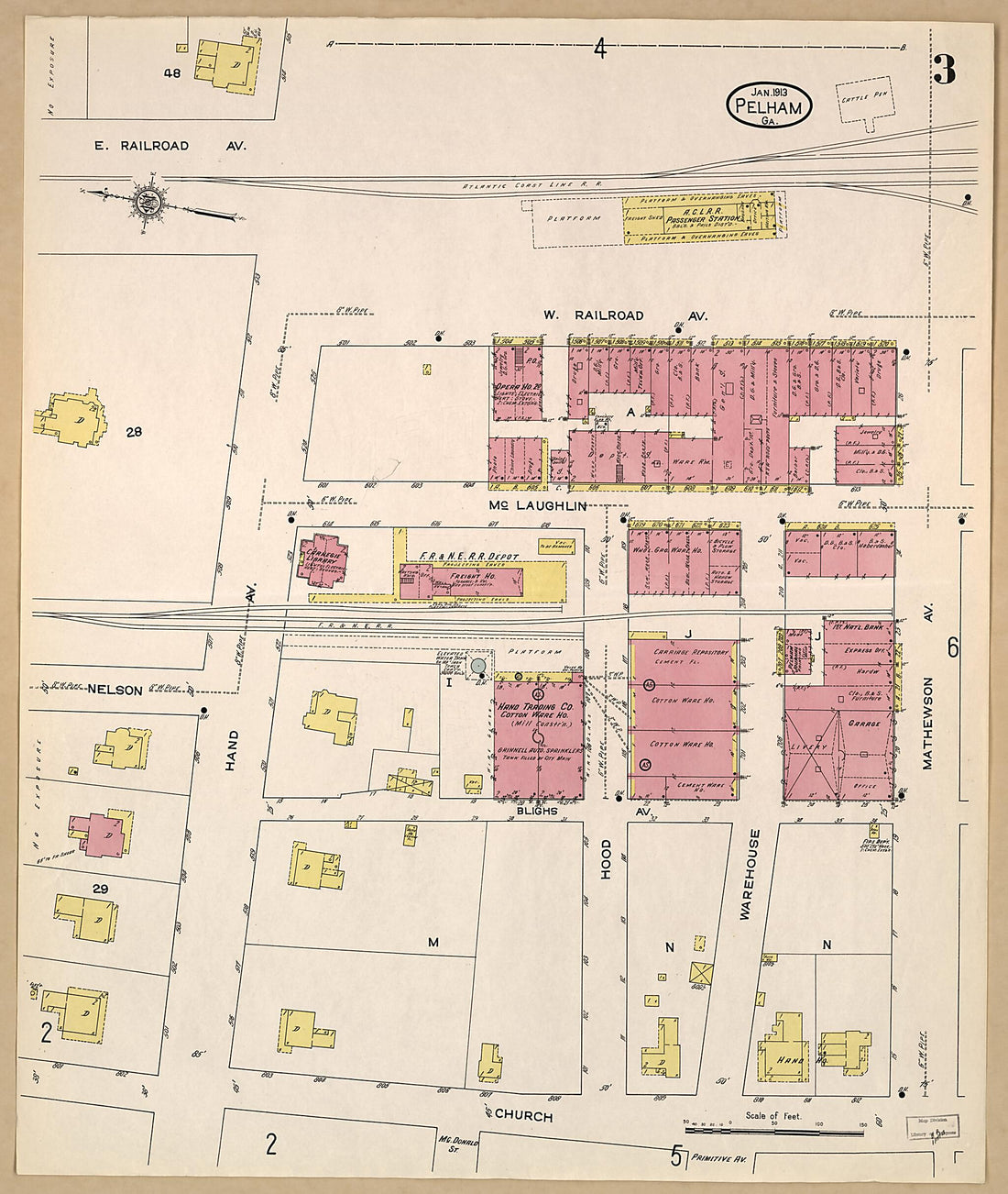 This old map of Pelham, Mitchell County, Georgia was created by Sanborn Map Company in 1913