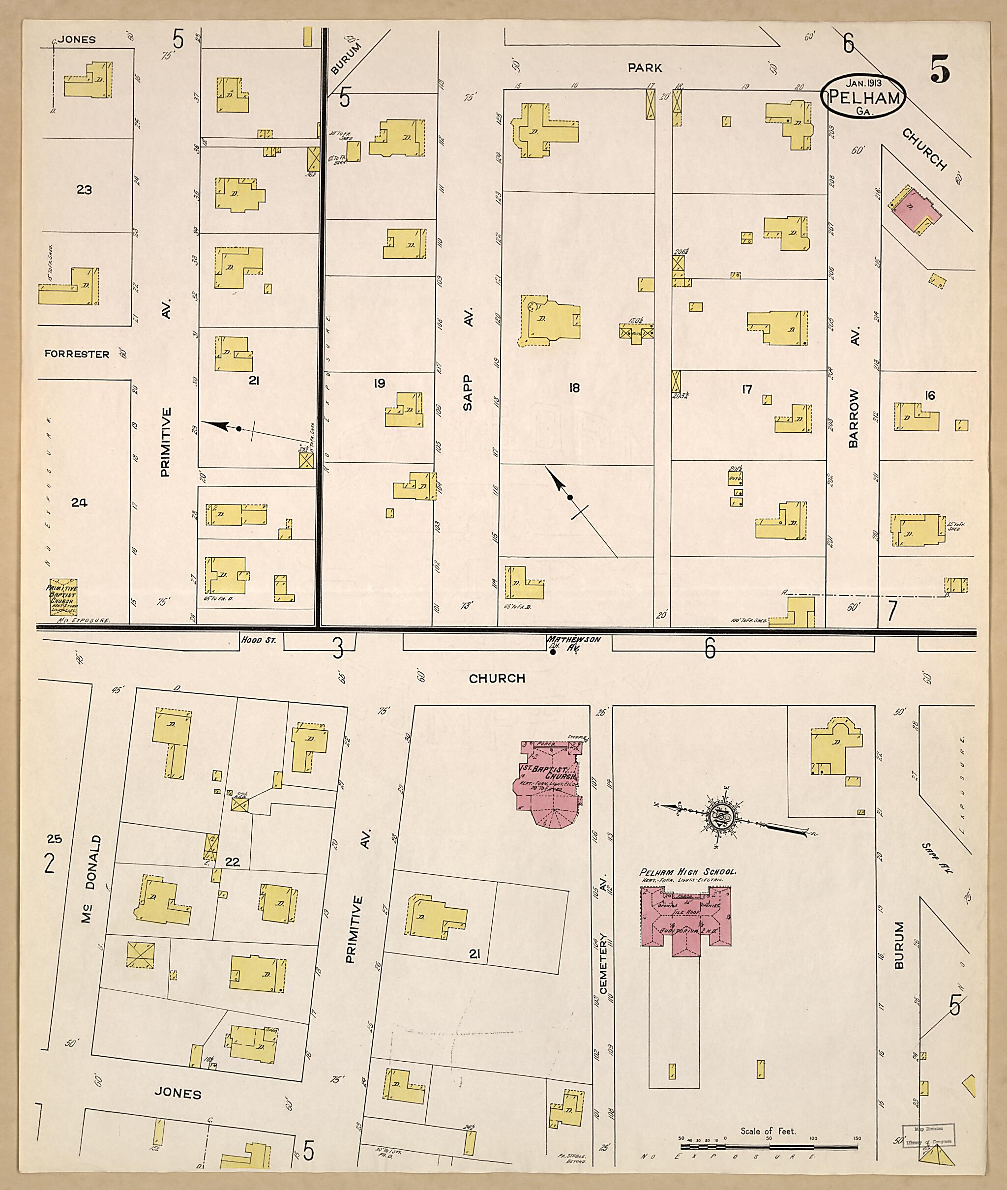 This old map of Pelham, Mitchell County, Georgia was created by Sanborn Map Company in 1913
