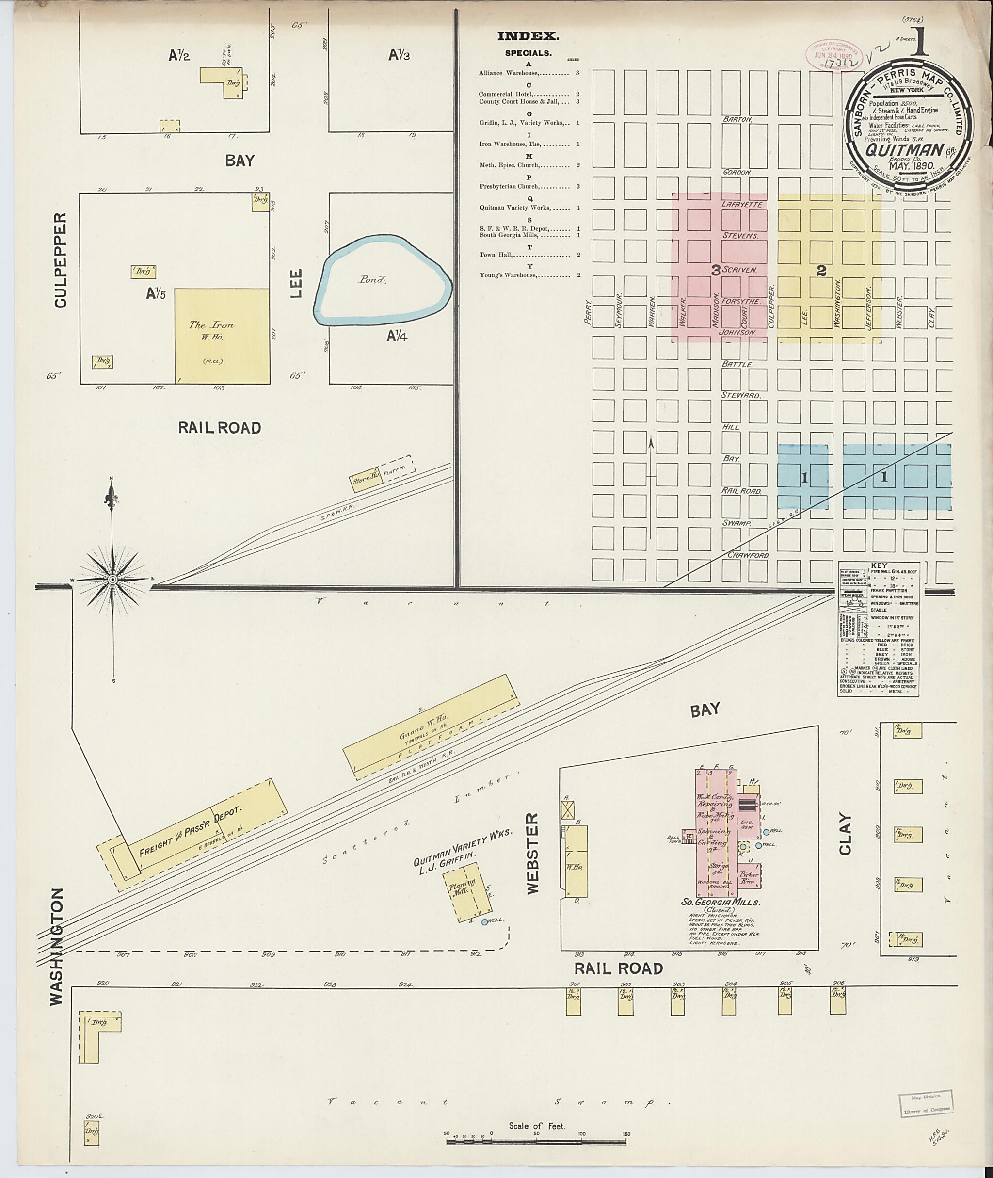 This old map of Quitman, Brooks County, Georgia was created by Sanborn Map Company in 1890