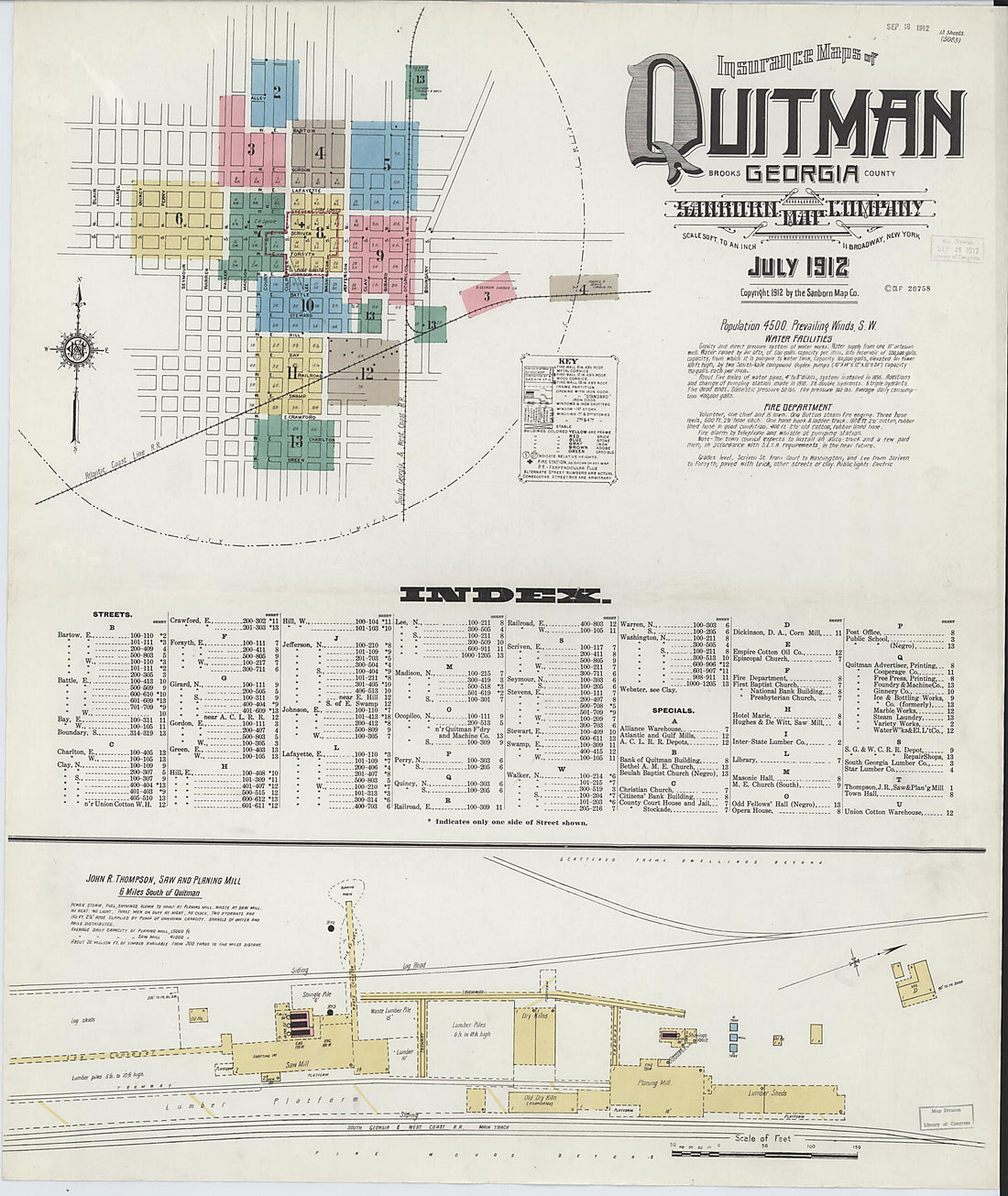 This old map of Quitman, Brooks County, Georgia was created by Sanborn Map Company in 1912