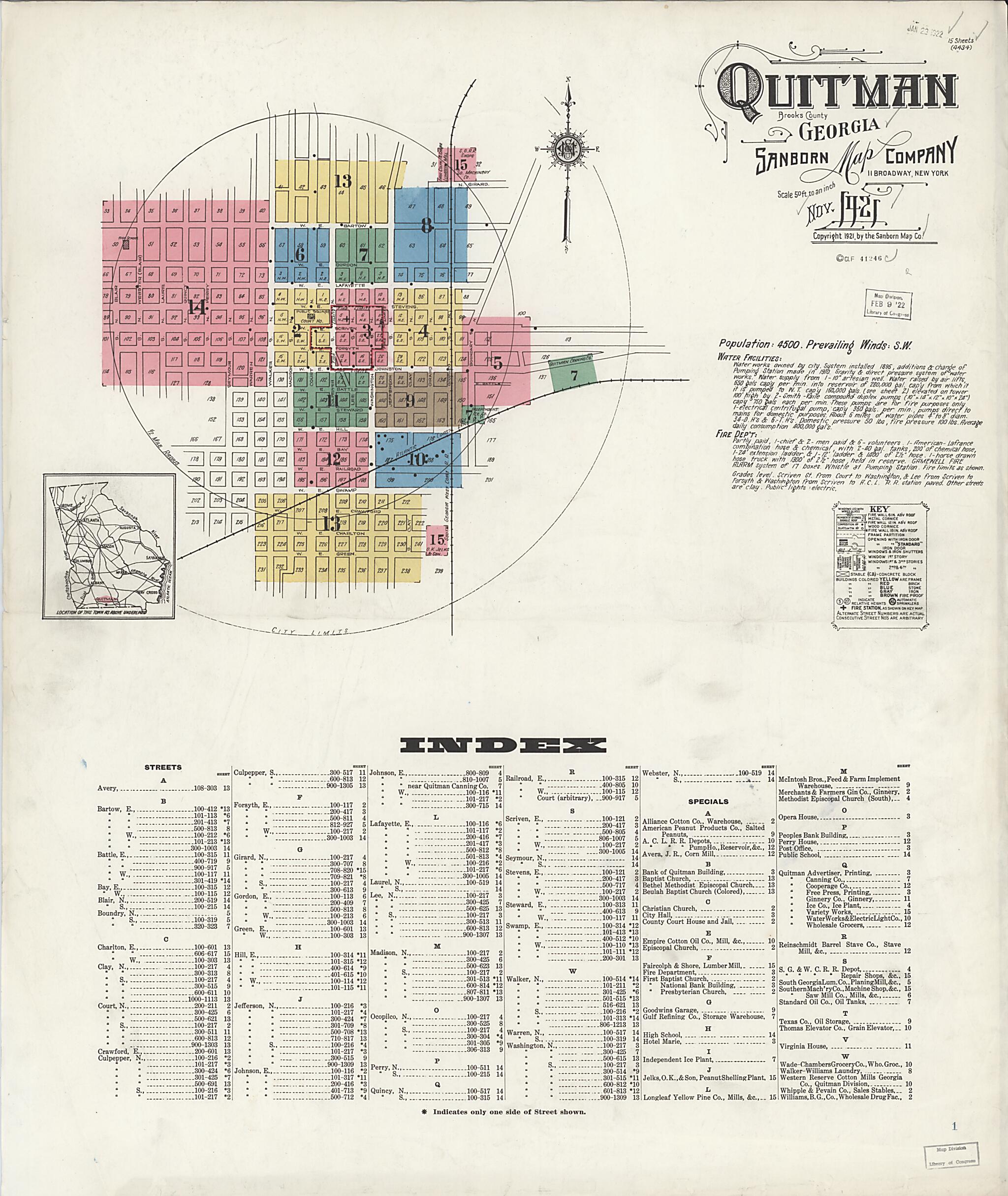 This old map of Quitman, Brooks County, Georgia was created by Sanborn Map Company in 1921