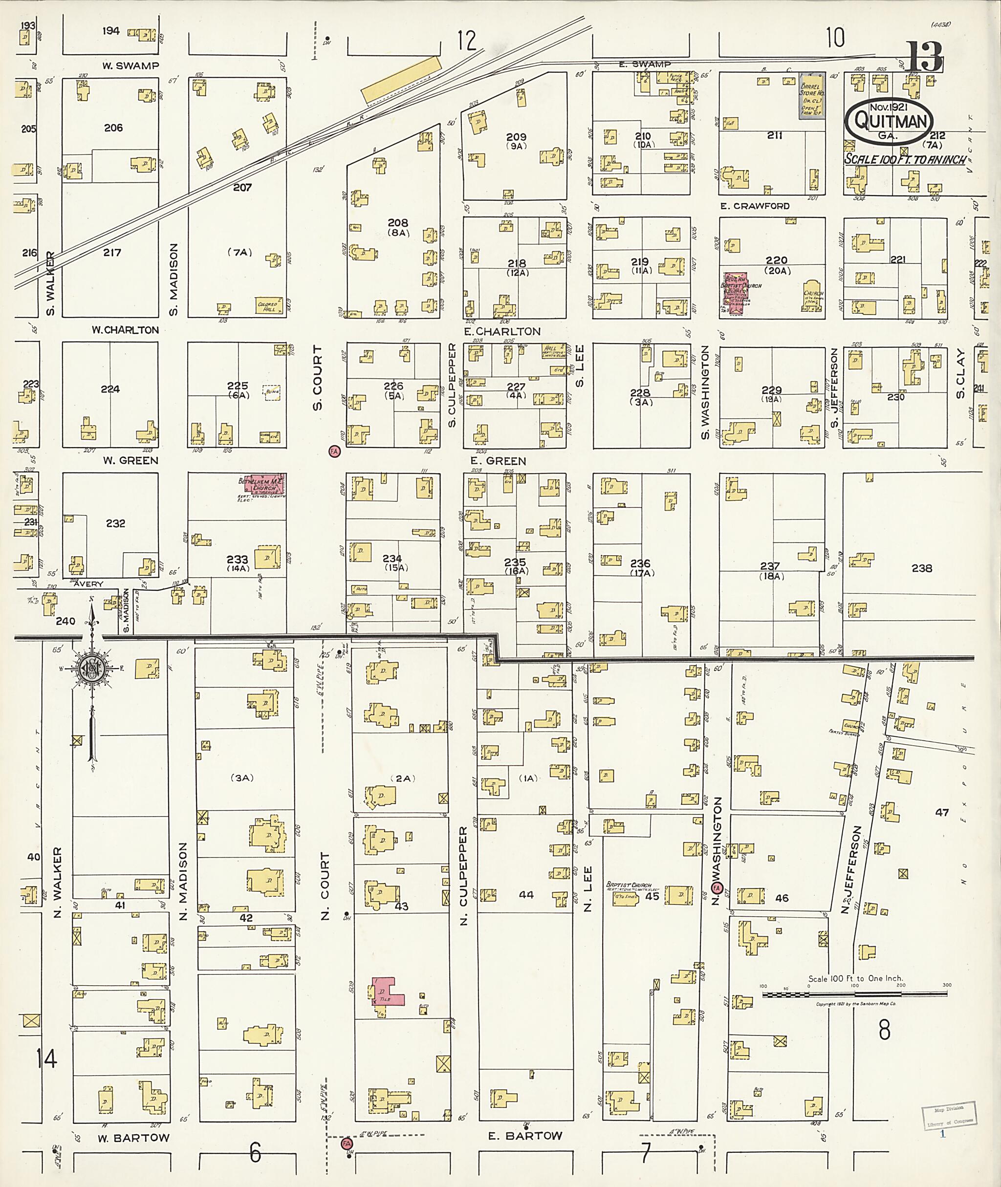 This old map of Quitman, Brooks County, Georgia was created by Sanborn Map Company in 1921