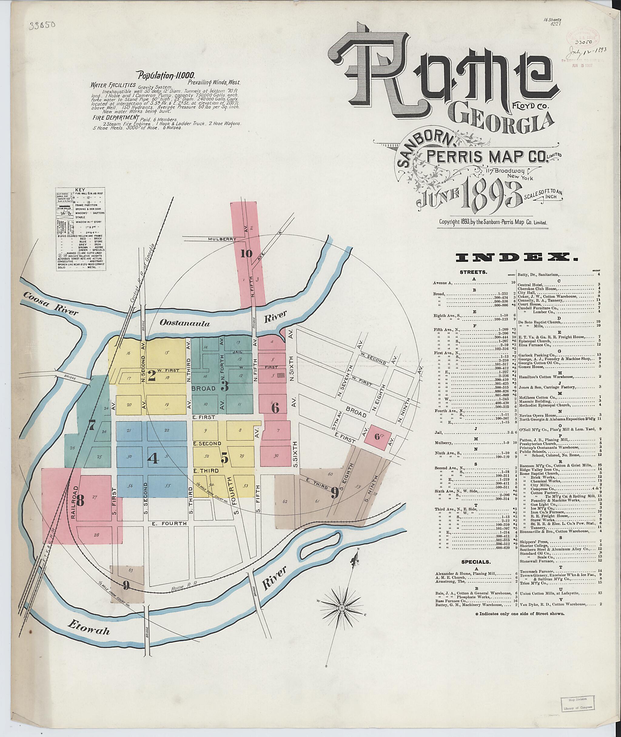 This old map of Rome, Floyd County, Georgia was created by Sanborn Map Company in 1893