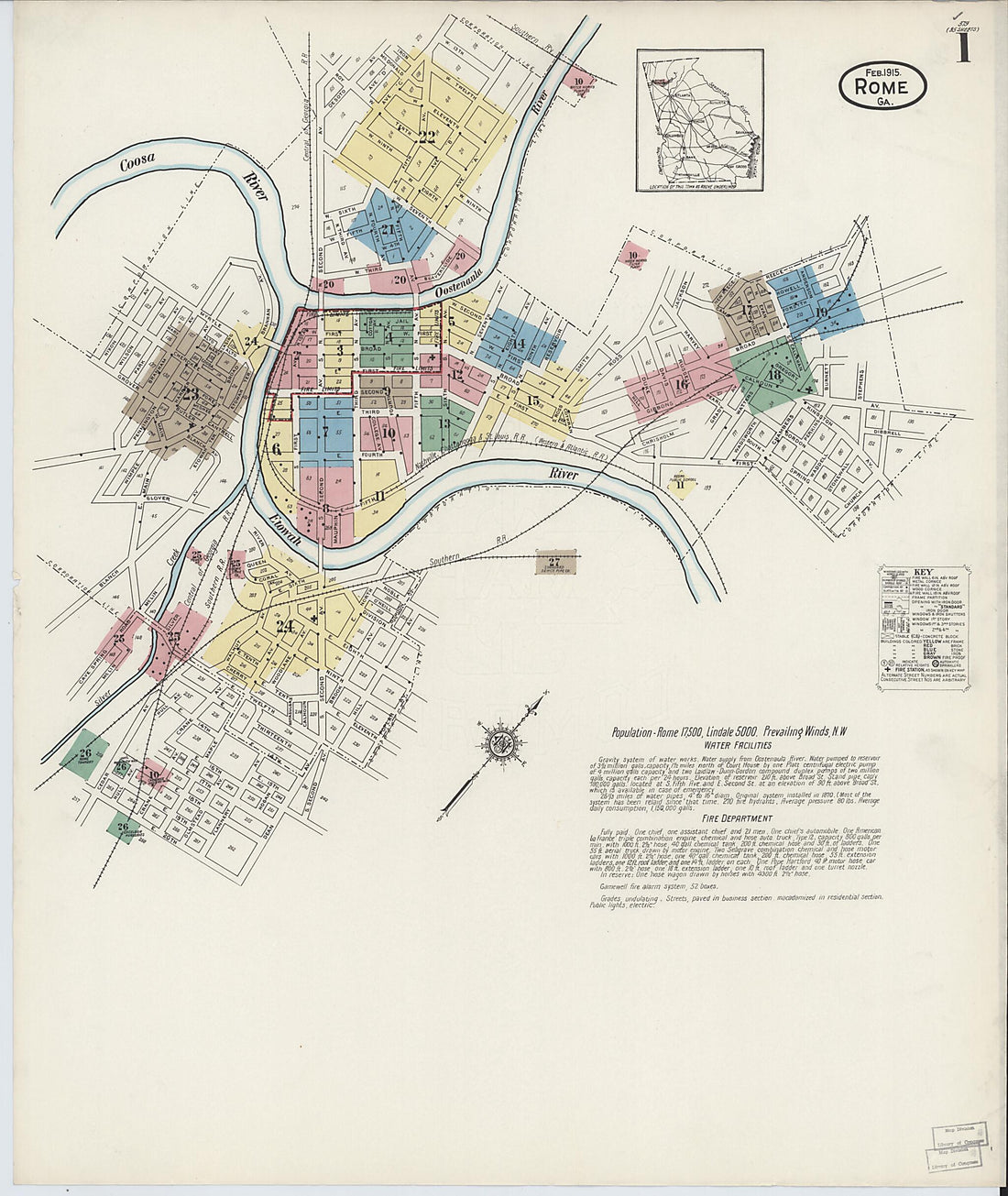 This old map of Rome, Floyd County, Georgia was created by Sanborn Map Company in 1915