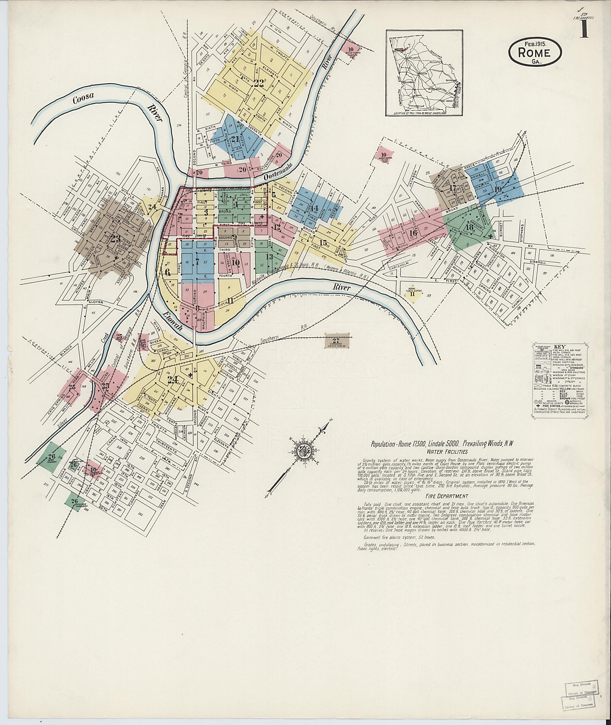 This old map of Rome, Floyd County, Georgia was created by Sanborn Map Company in 1915