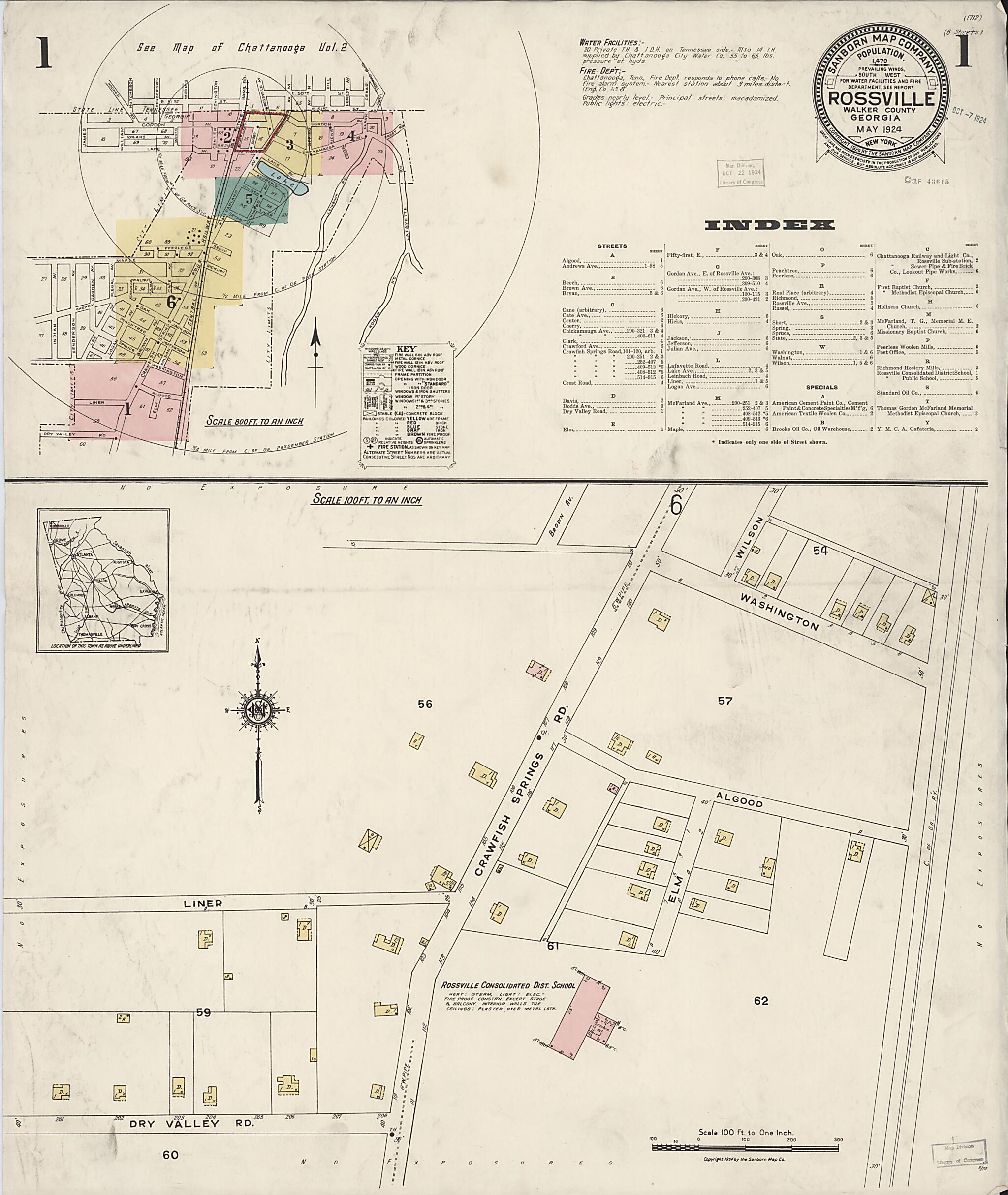 This old map of Rossville, Walker County, Georgia was created by Sanborn Map Company in 1924