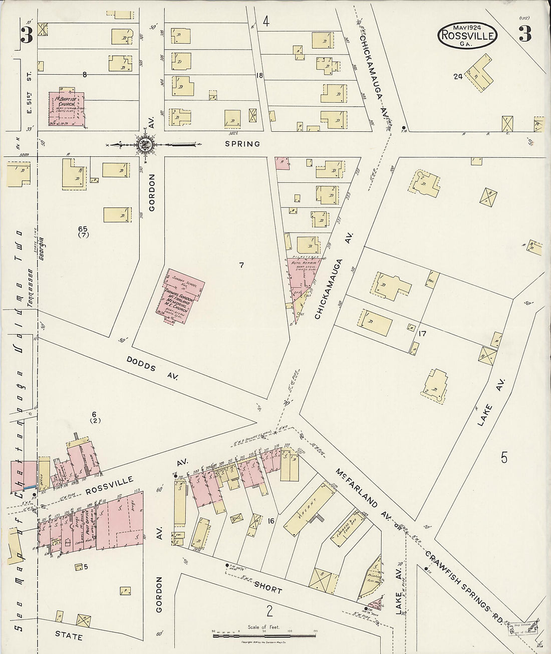 This old map of Rossville, Walker County, Georgia was created by Sanborn Map Company in 1924