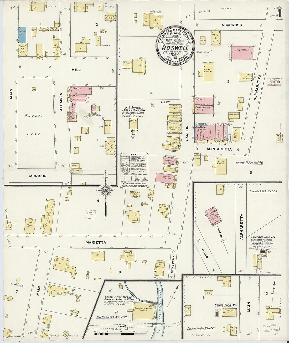This old map of Roswell, Fulton County, Georgia was created by Sanborn Map Company in 1911
