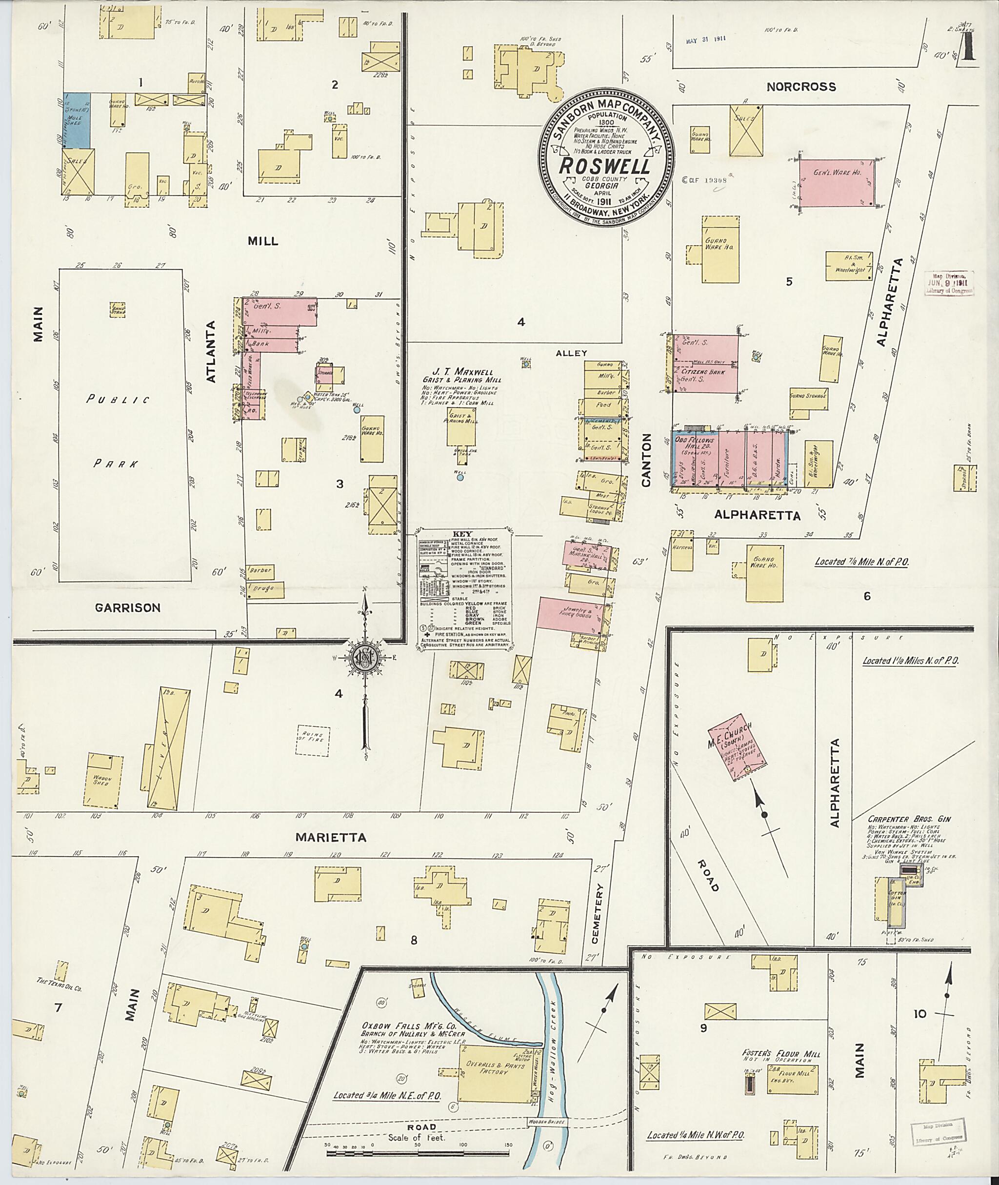 This old map of Roswell, Fulton County, Georgia was created by Sanborn Map Company in 1911