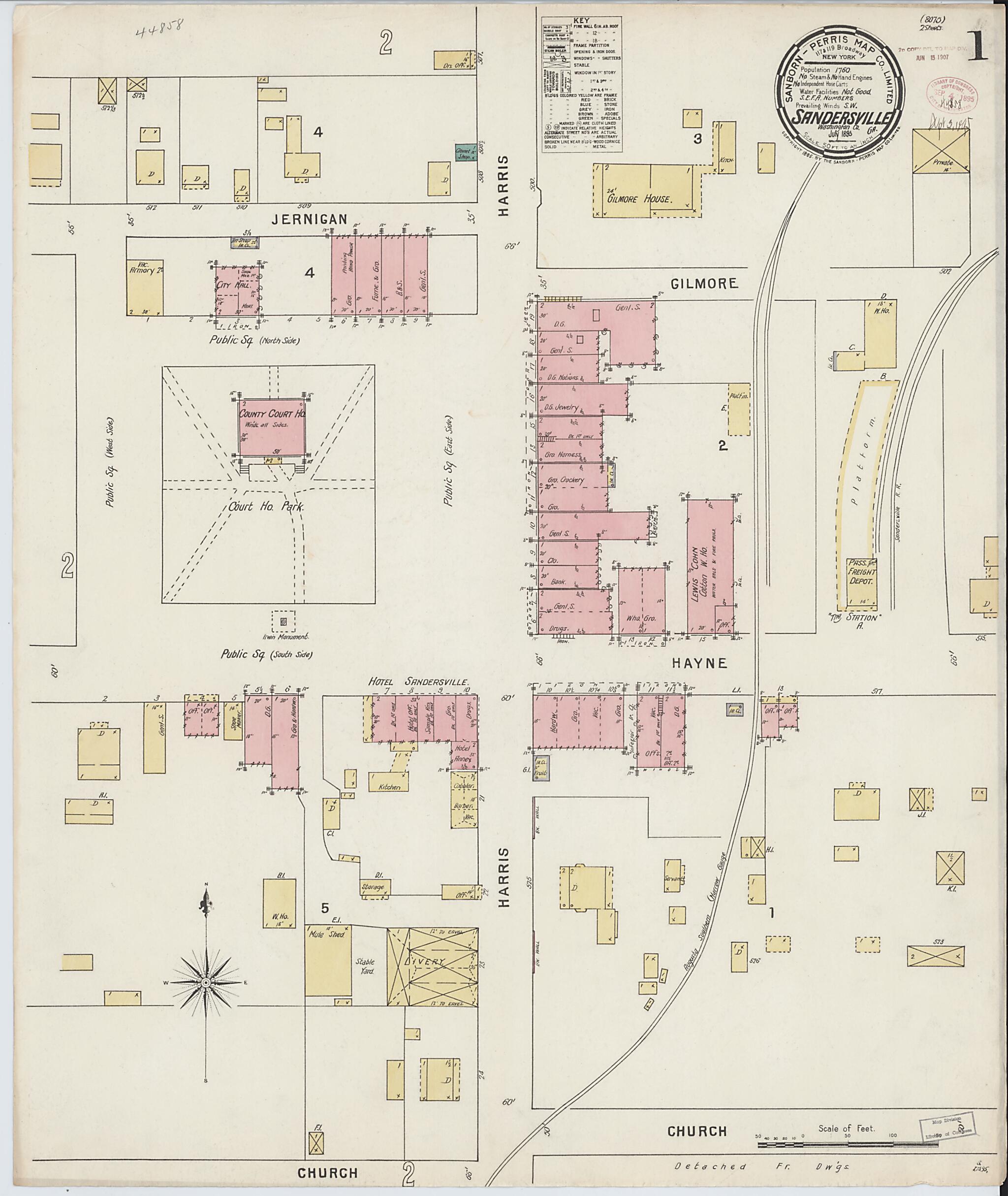 This old map of Sandersville, Washington County, Georgia was created by Sanborn Map Company in 1895