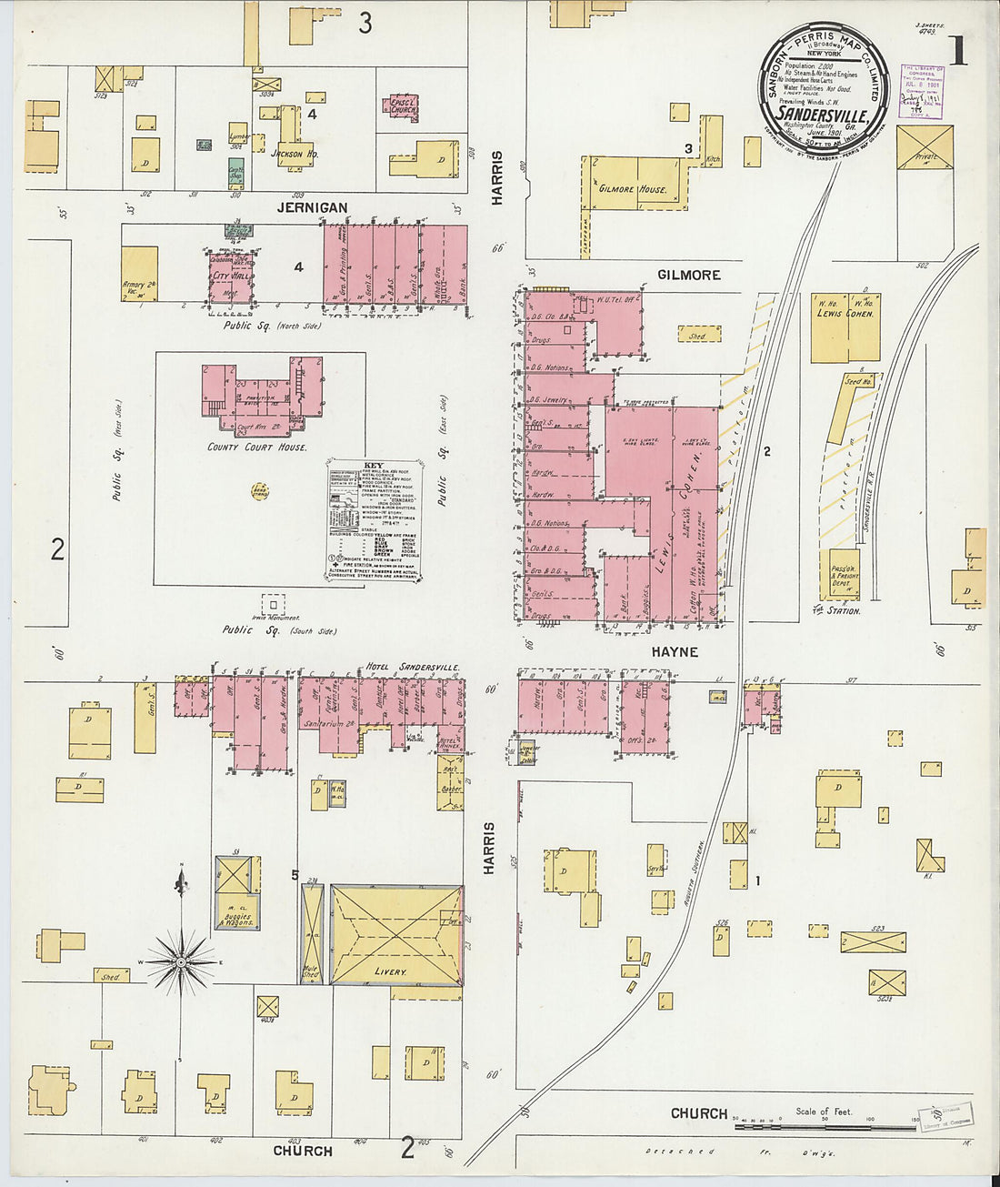 This old map of Sandersville, Washington County, Georgia was created by Sanborn Map Company in 1901
