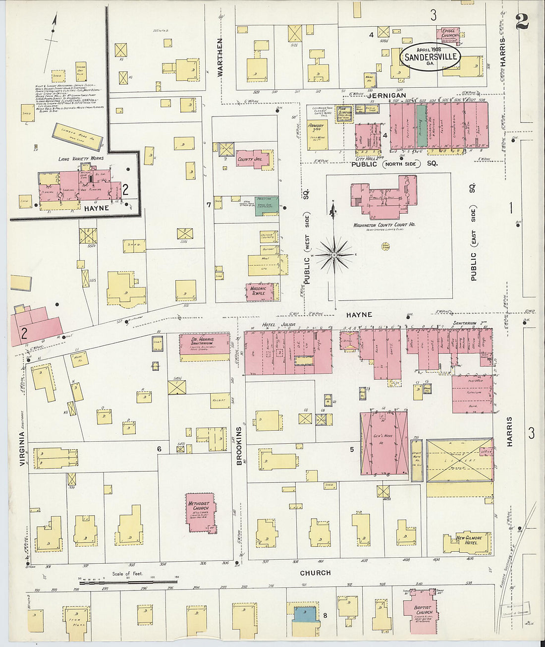 This old map of Sandersville, Washington County, Georgia was created by Sanborn Map Company in 1908