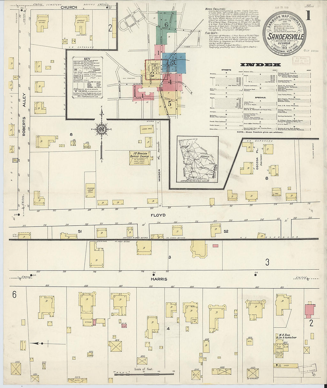 This old map of Sandersville, Washington County, Georgia was created by Sanborn Map Company in 1913