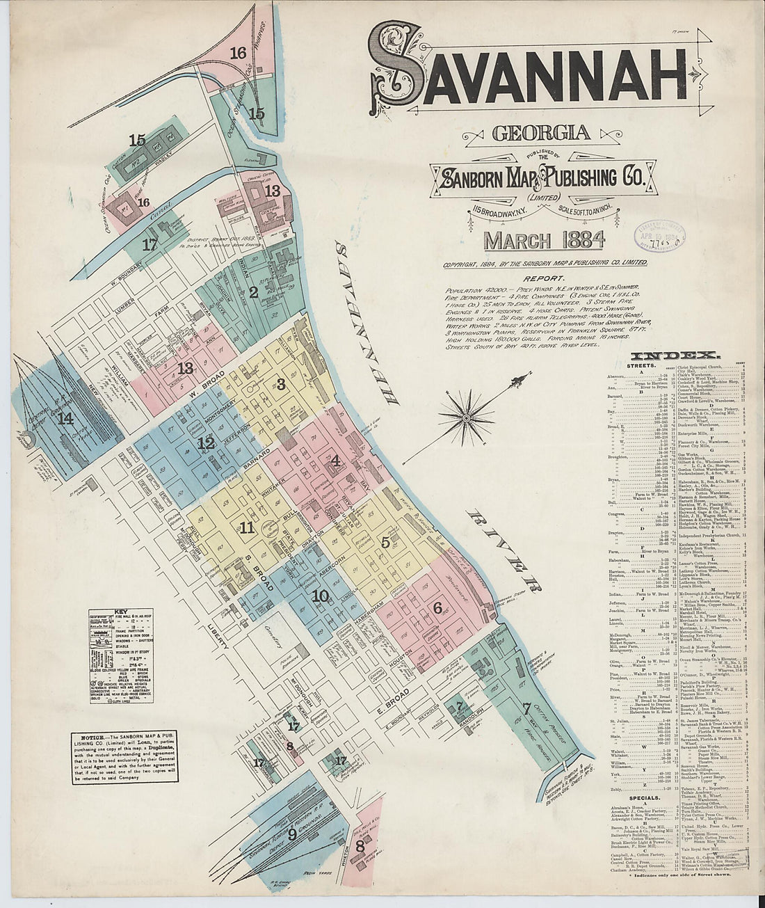 This old map of Savannah, Chatham County, Georgia was created by Sanborn Map Company in 1884