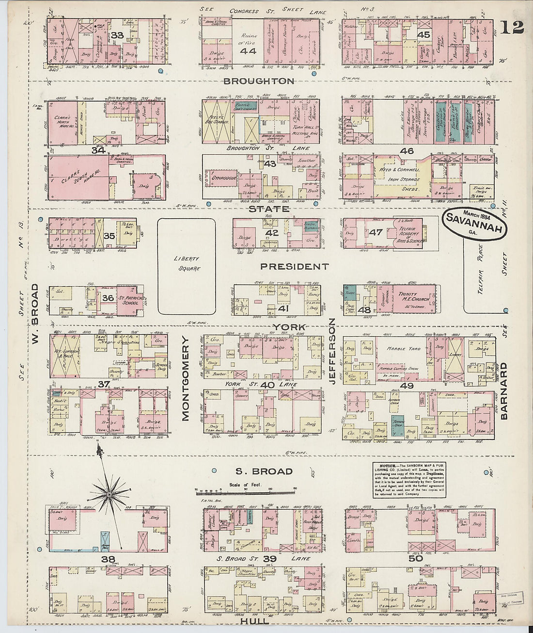 This old map of Savannah, Chatham County, Georgia was created by Sanborn Map Company in 1884