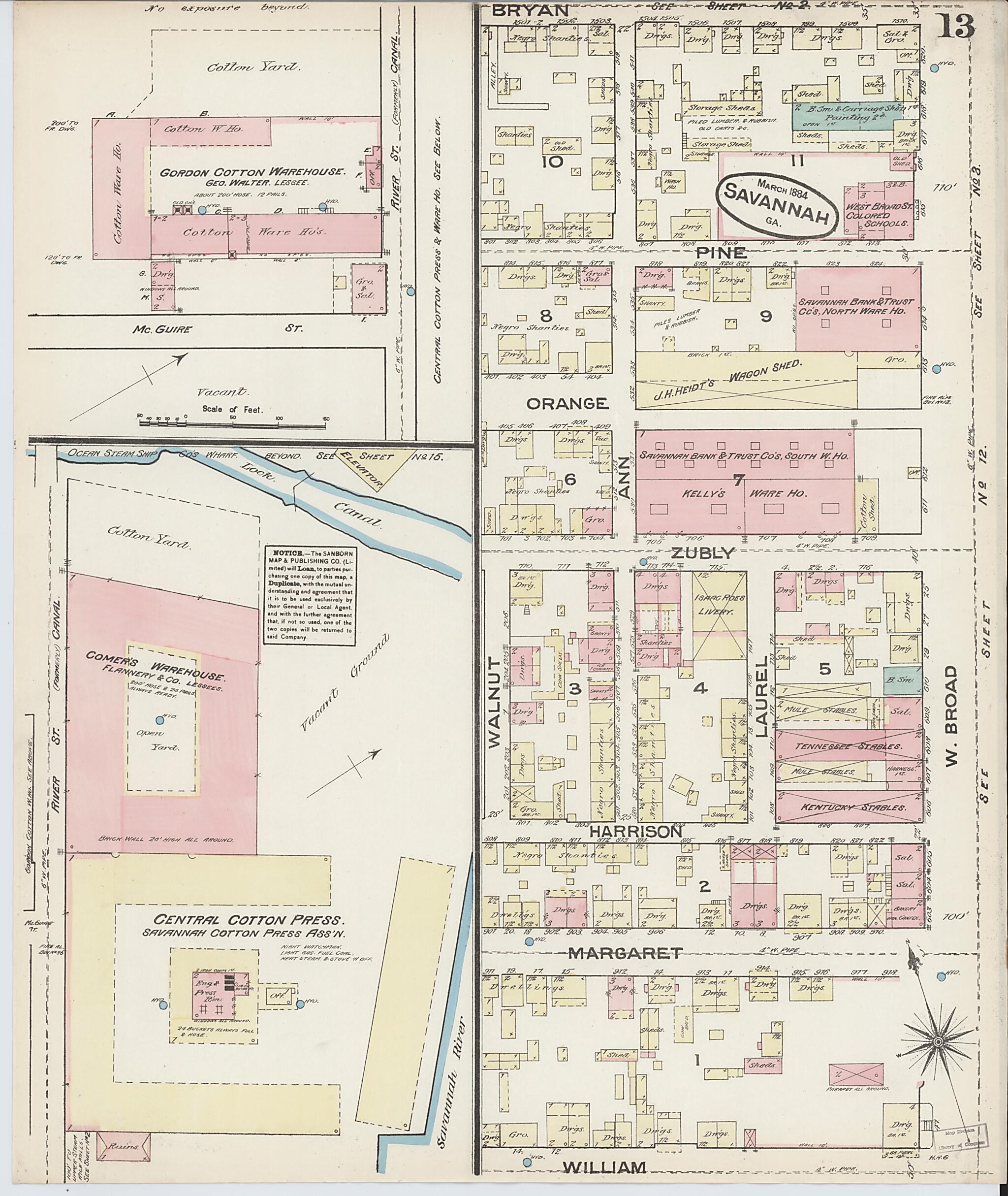 This old map of Savannah, Chatham County, Georgia was created by Sanborn Map Company in 1884