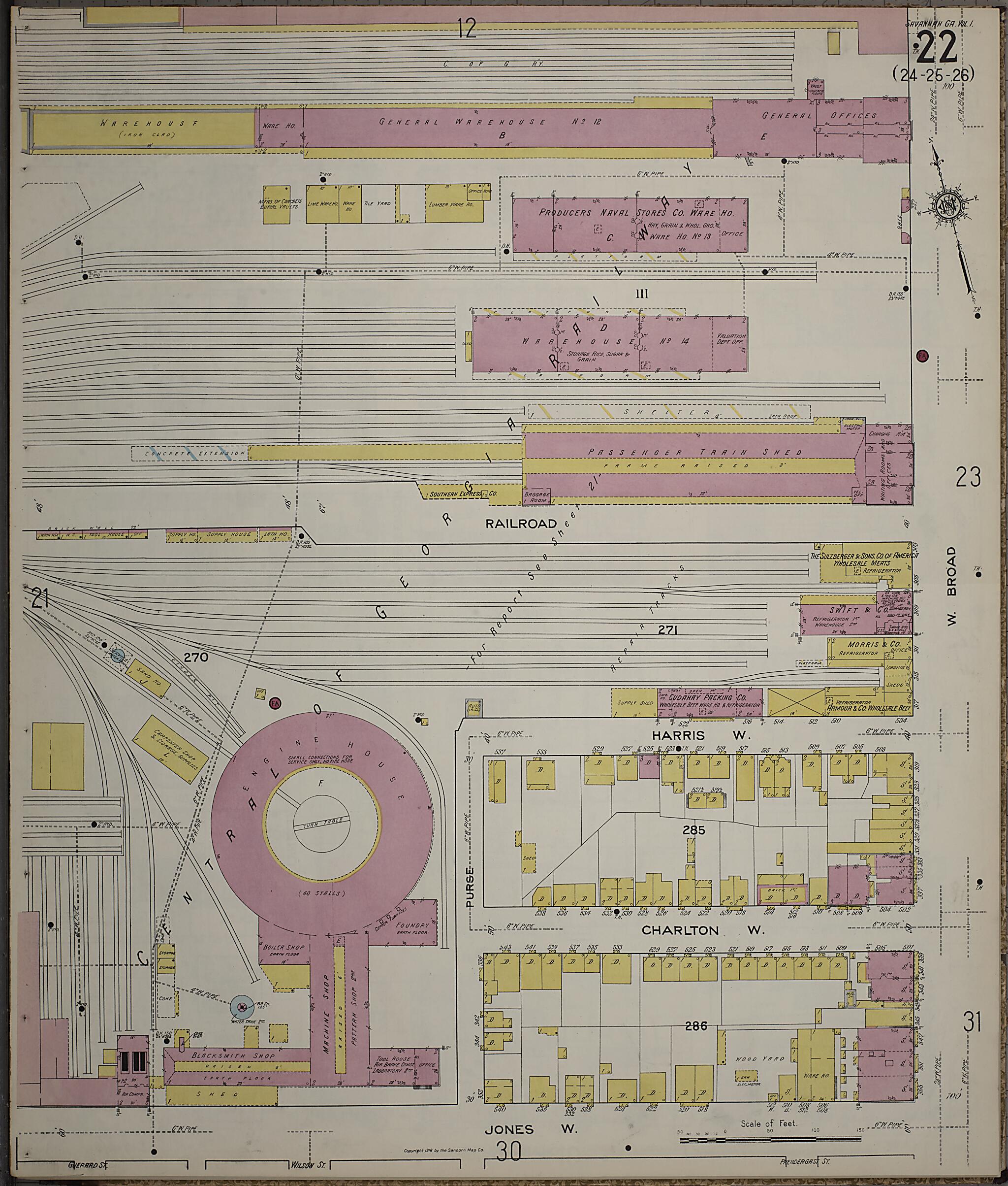 This old map of Savannah, Chatham County, Georgia was created by Sanborn Map Company in 1916
