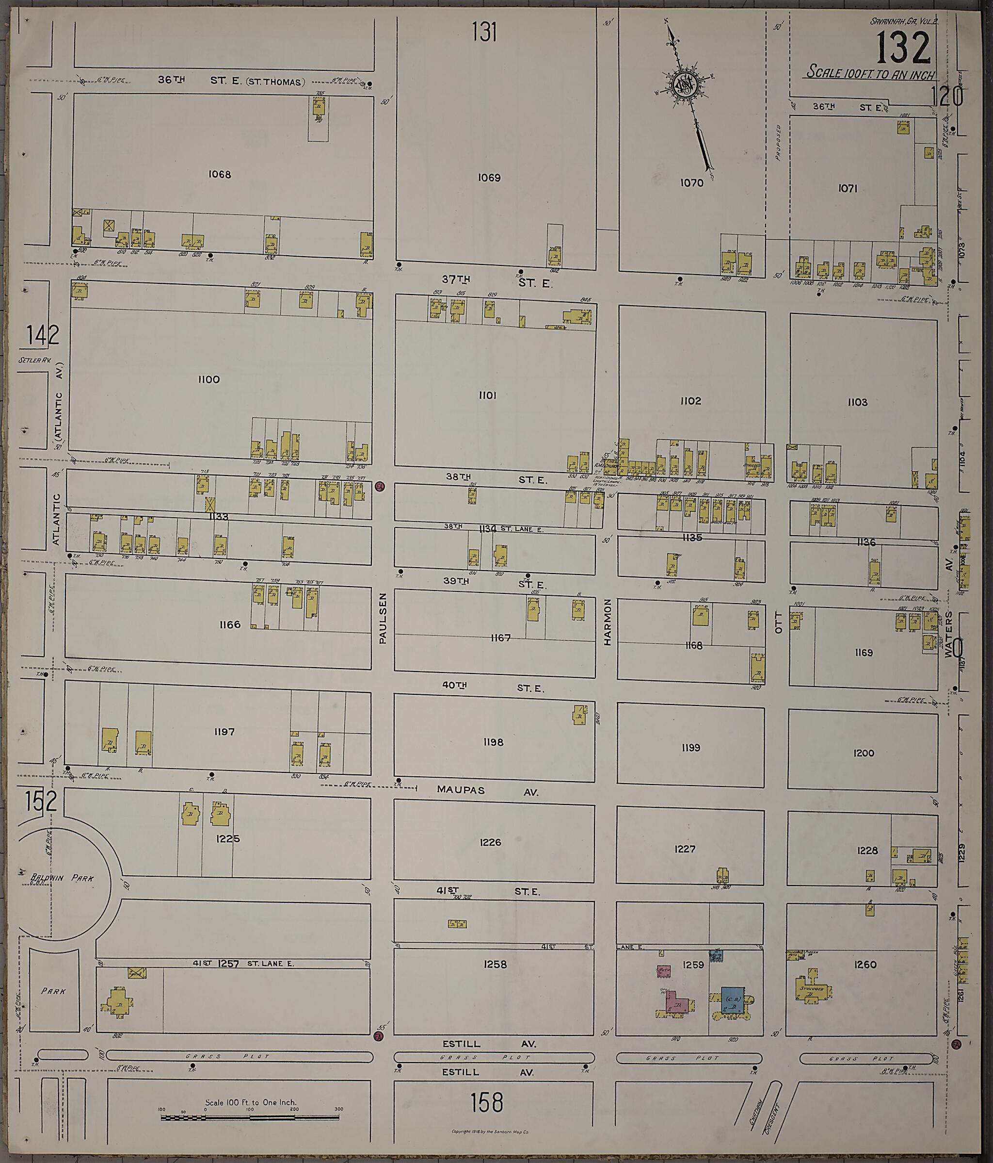 This old map of Savannah, Chatham County, Georgia was created by Sanborn Map Company in 1916