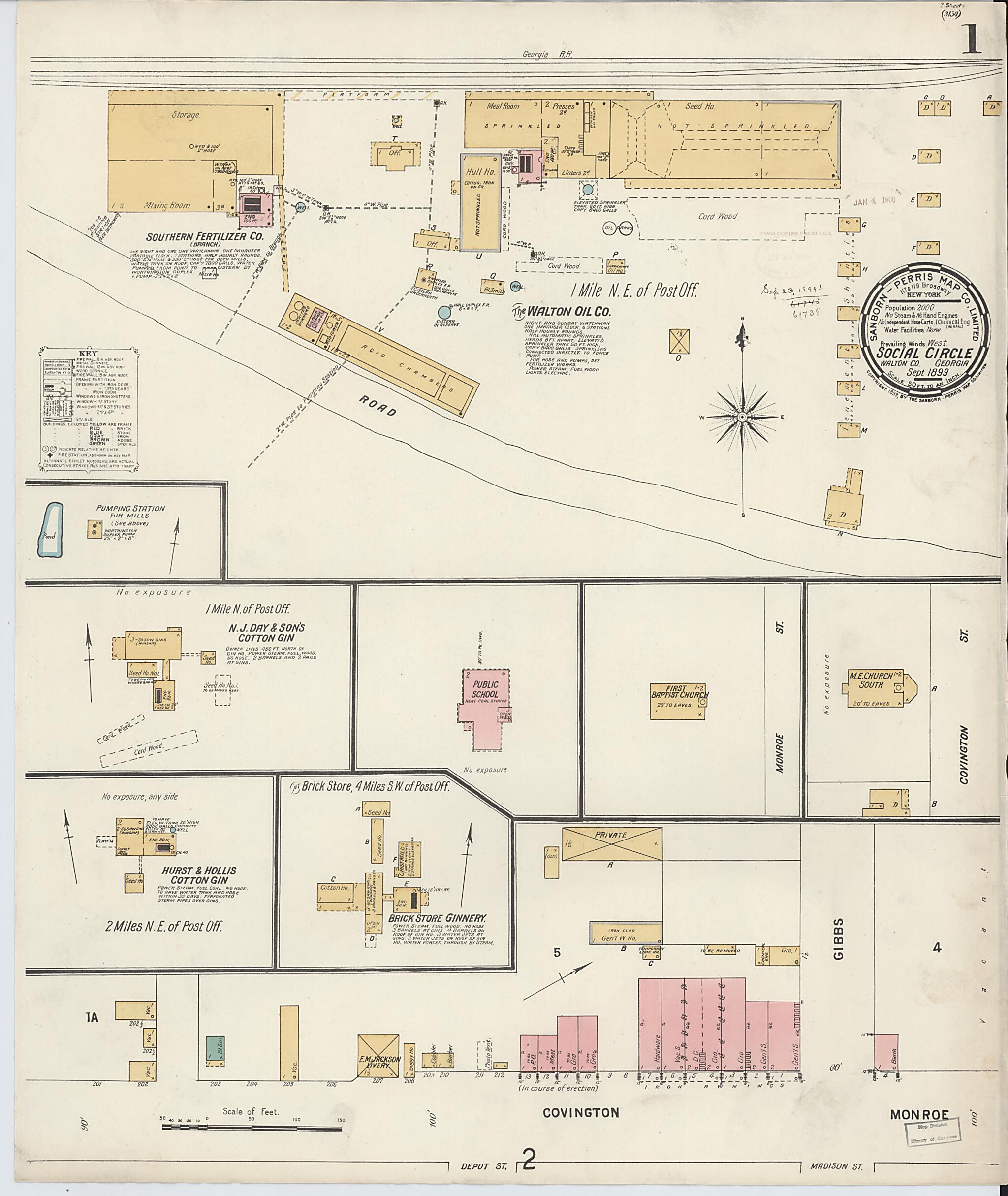 This old map of Social Circle, Walton County, Georgia was created by Sanborn Map Company in 1899