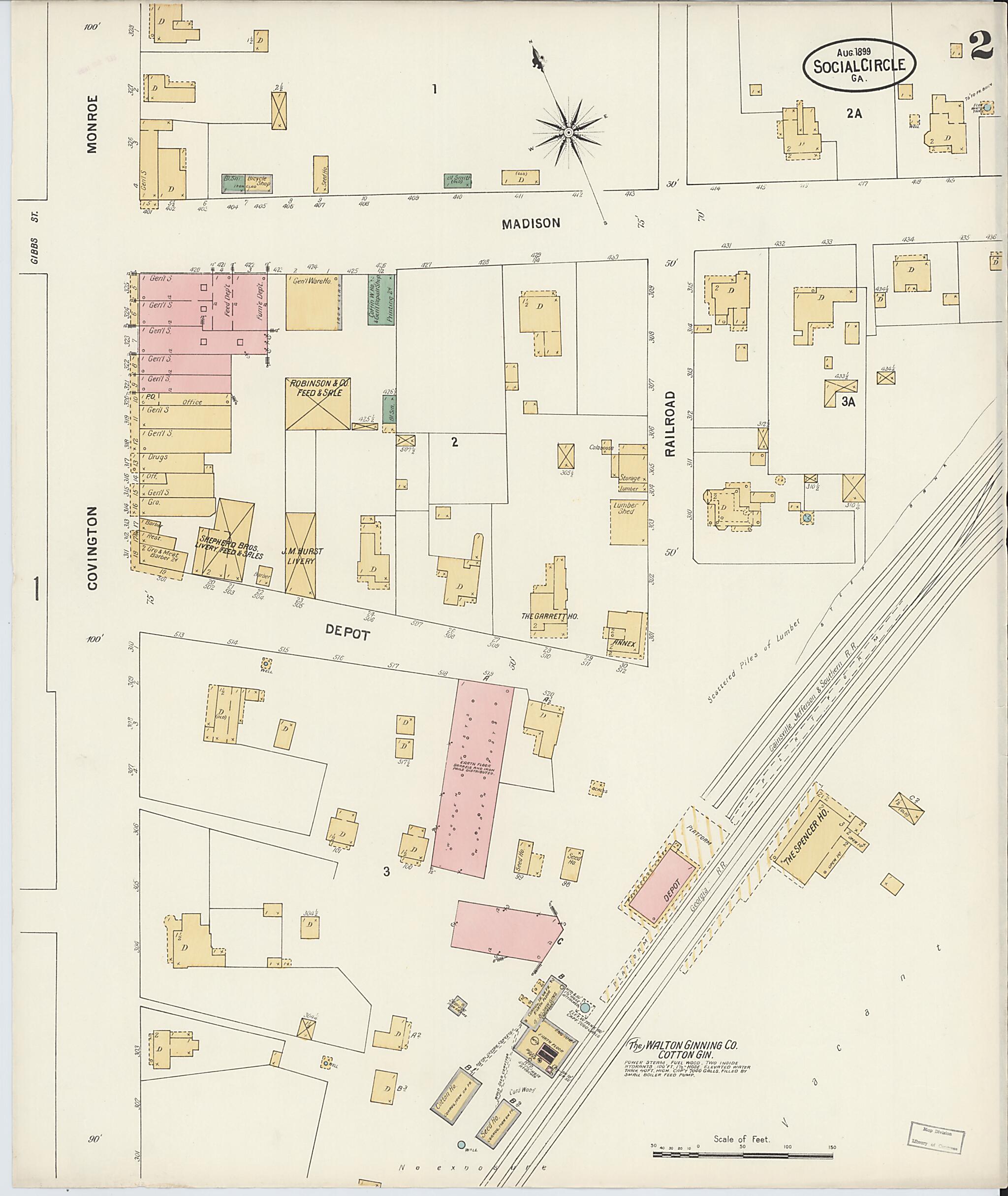 This old map of Social Circle, Walton County, Georgia was created by Sanborn Map Company in 1899