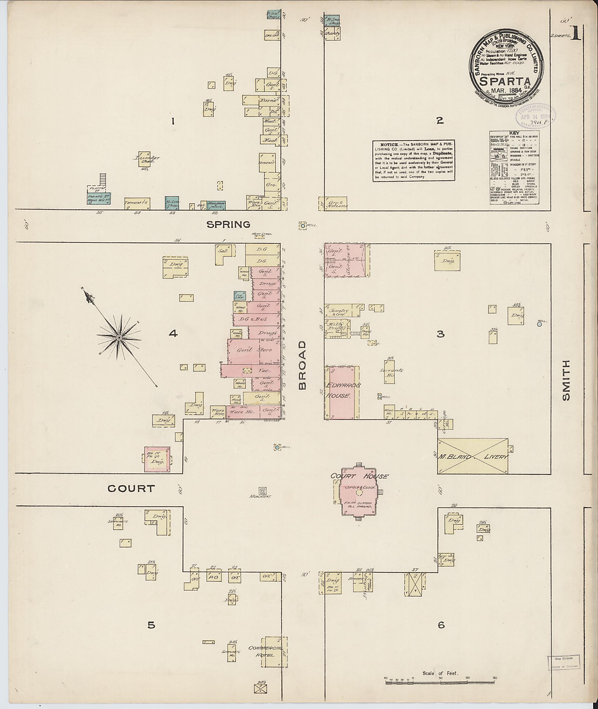 This old map of Sparta, Hancock County, Georgia was created by Sanborn Map Company in 1884