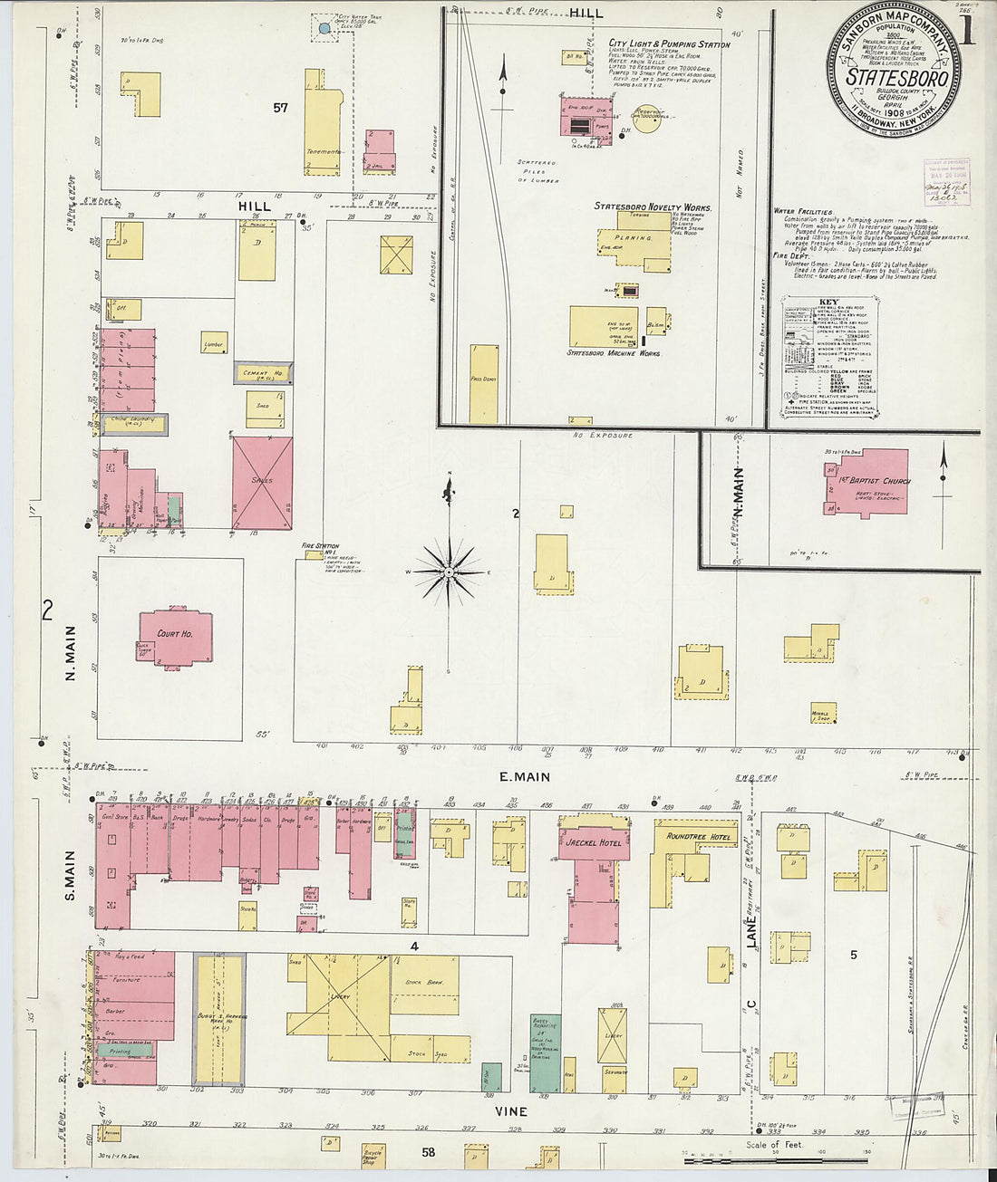 This old map of Statesboro, Bulloch County, Georgia was created by Sanborn Map Company in 1908