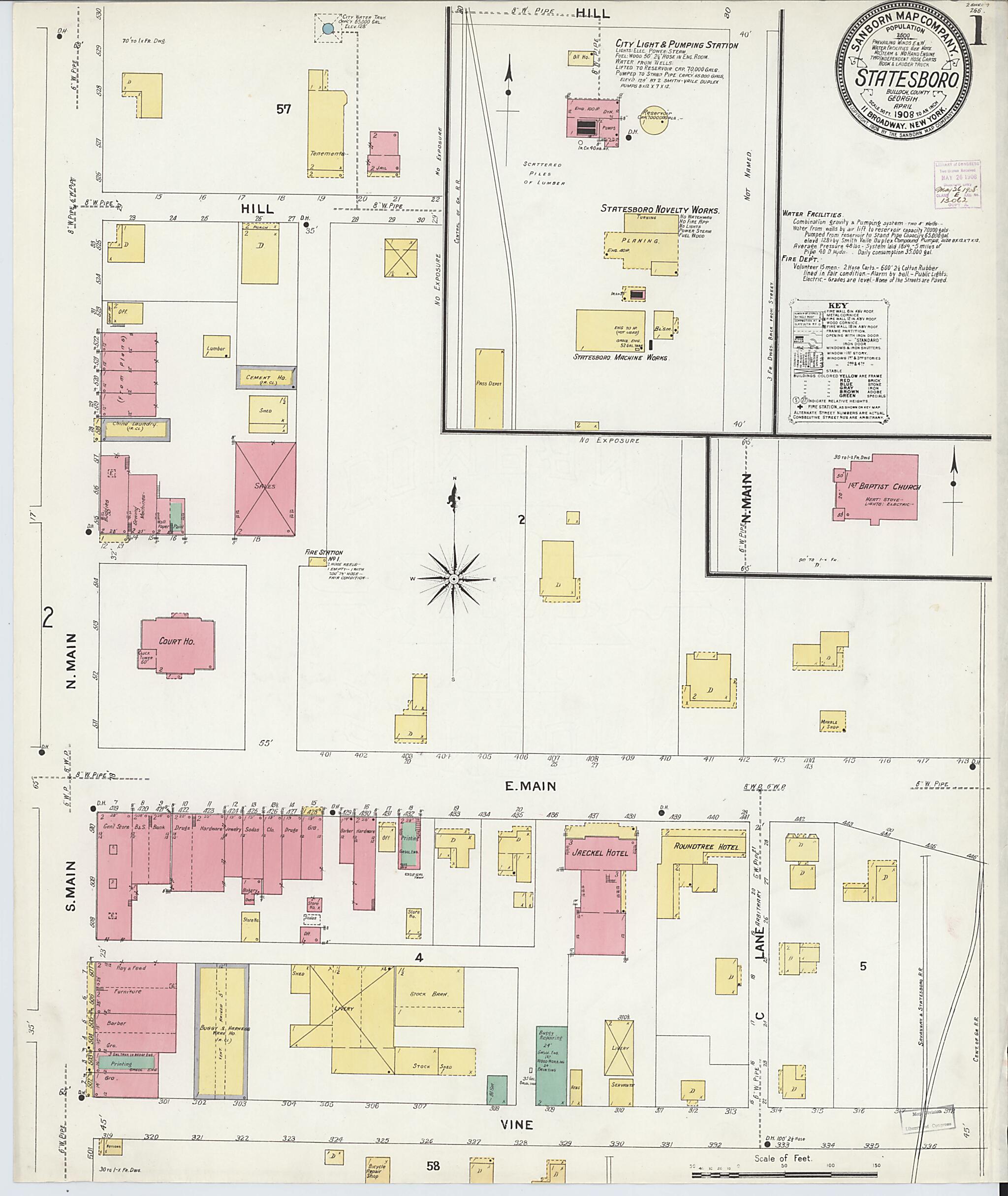 This old map of Statesboro, Bulloch County, Georgia was created by Sanborn Map Company in 1908