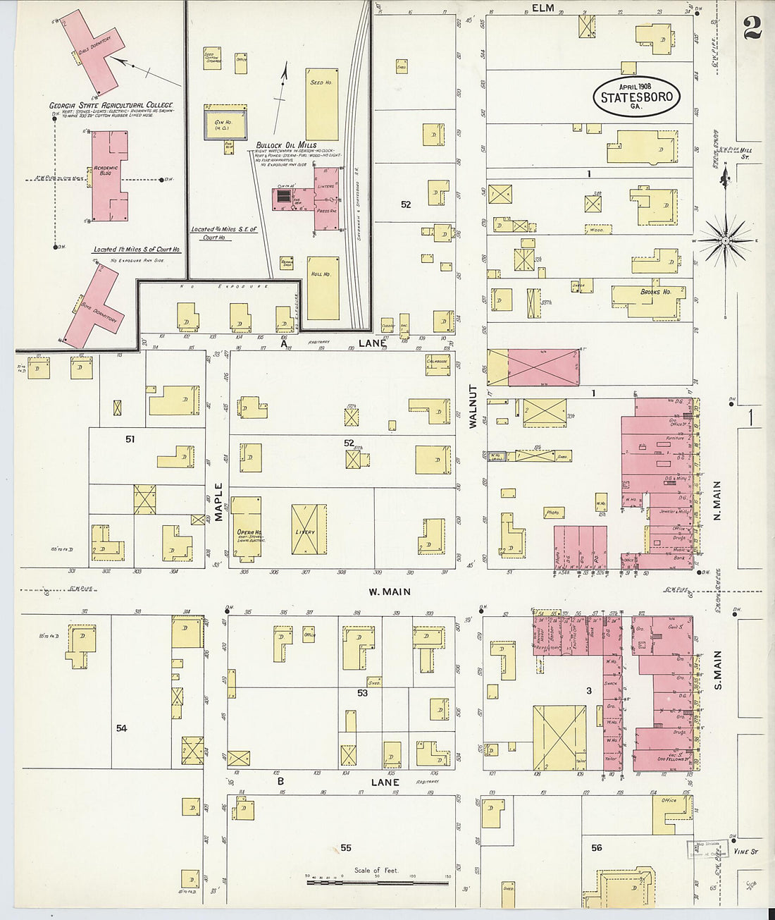 This old map of Statesboro, Bulloch County, Georgia was created by Sanborn Map Company in 1908