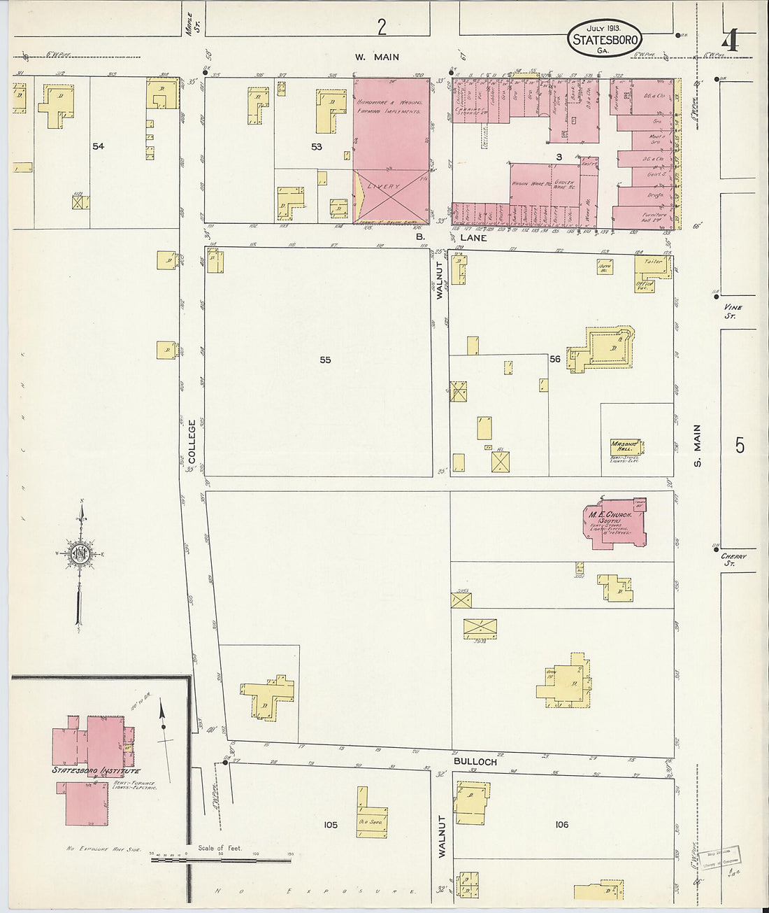 This old map of Statesboro, Bulloch County, Georgia was created by Sanborn Map Company in 1913