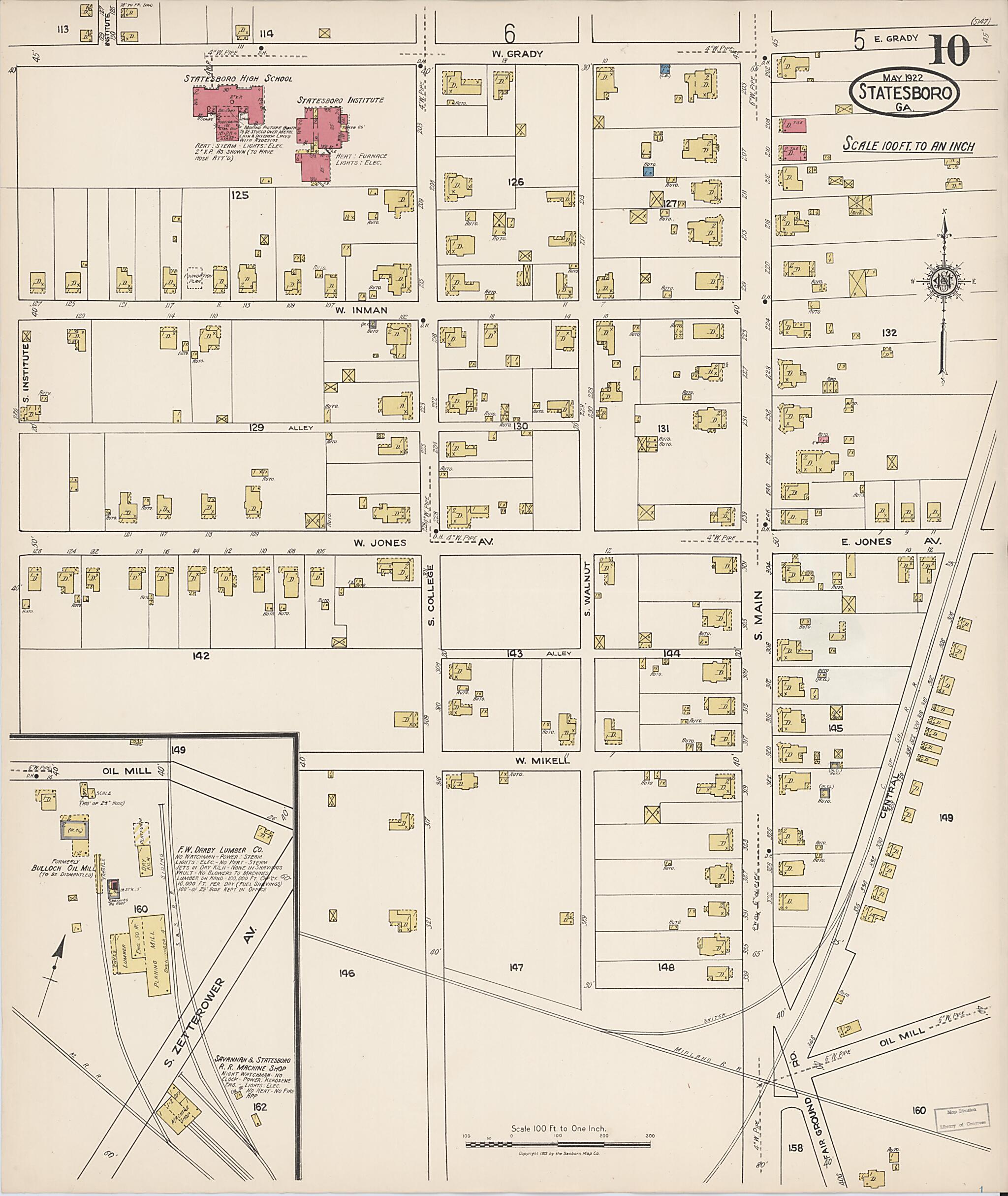 This old map of Statesboro, Bulloch County, Georgia was created by Sanborn Map Company in 1922