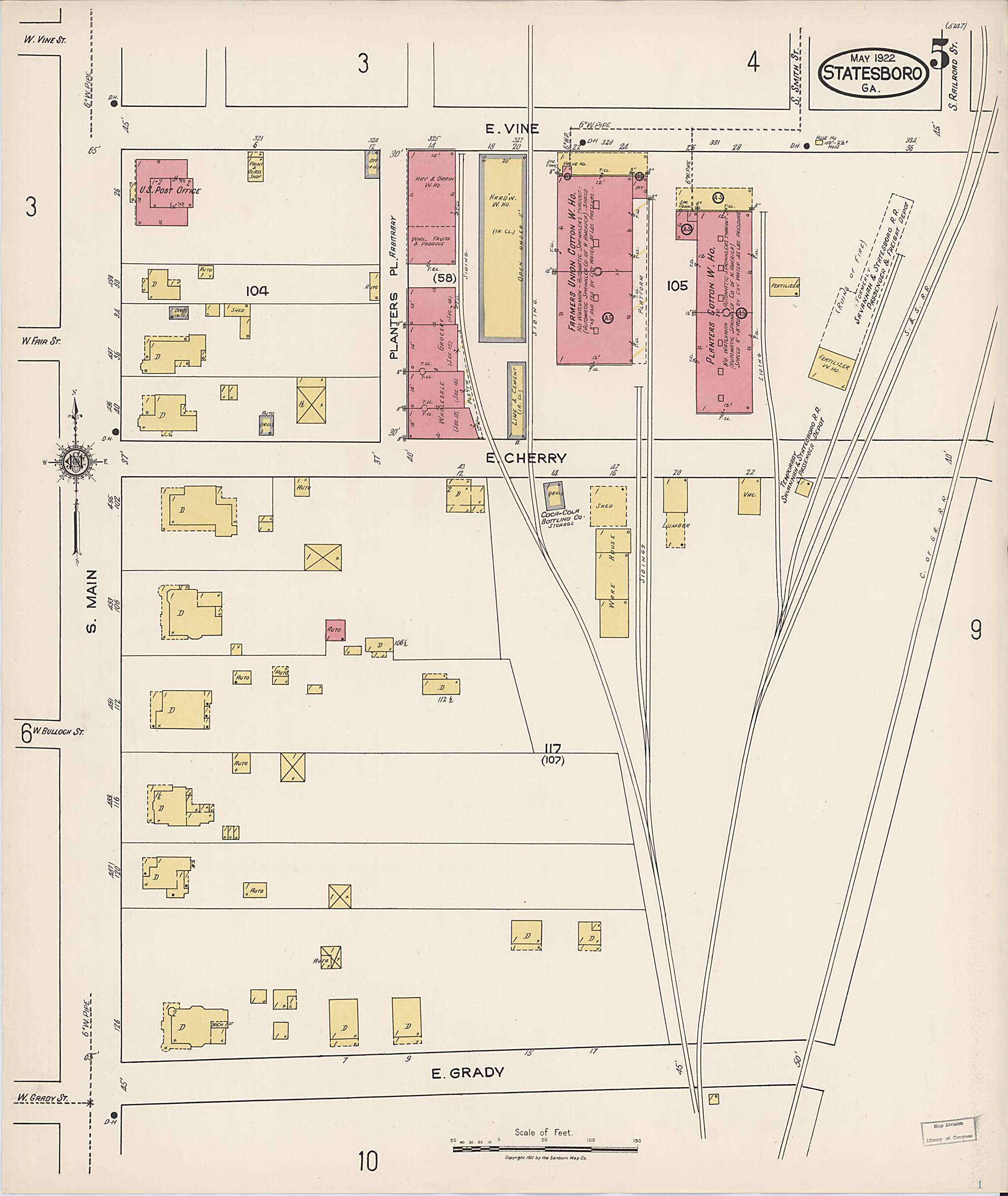 This old map of Statesboro, Bulloch County, Georgia was created by Sanborn Map Company in 1922