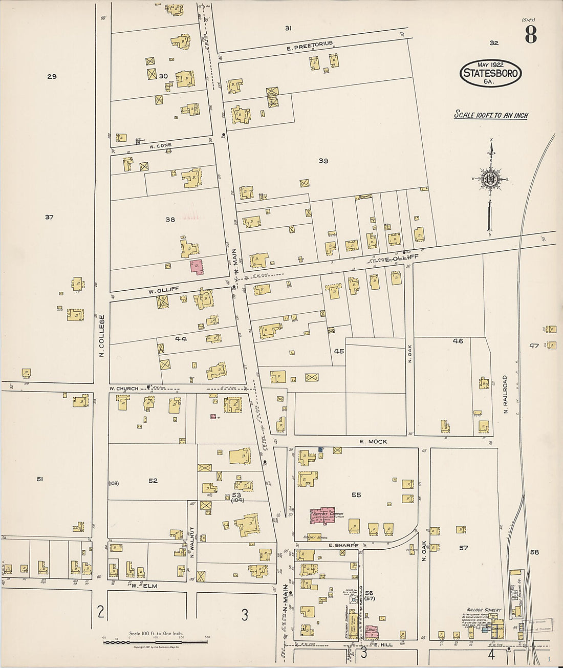 This old map of Statesboro, Bulloch County, Georgia was created by Sanborn Map Company in 1922