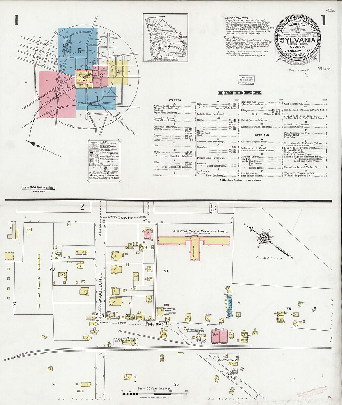 This old map of Sylvania, Screven County, Georgia was created by Sanborn Map Company in 1927